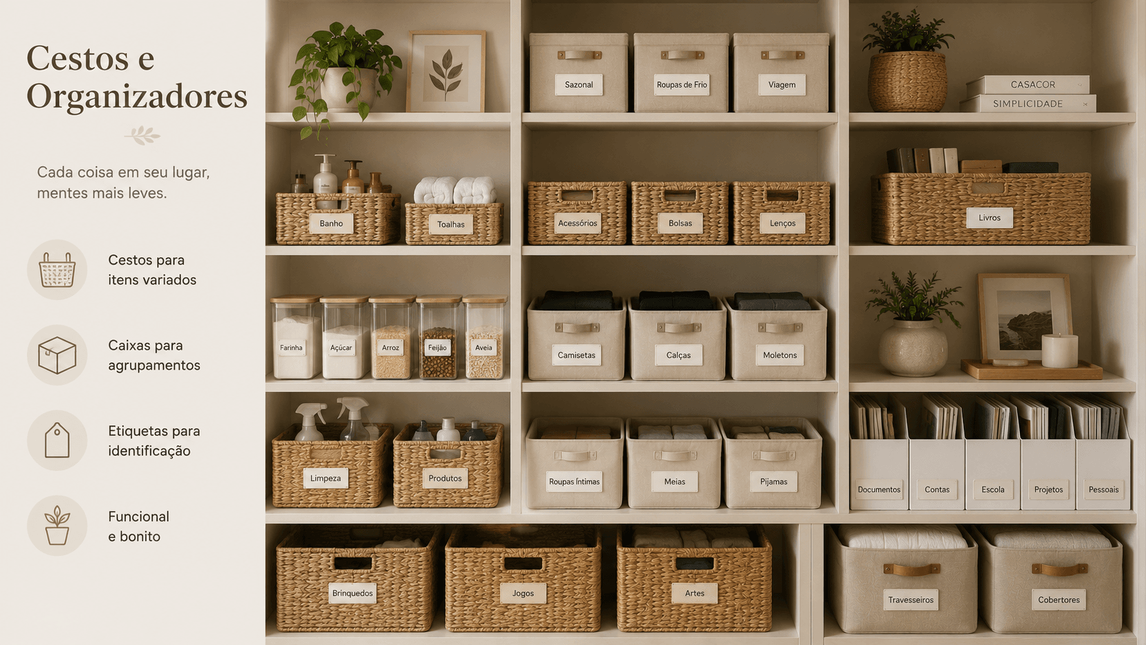 Cestos e caixas organizadoras em prateleira estilo KonMari