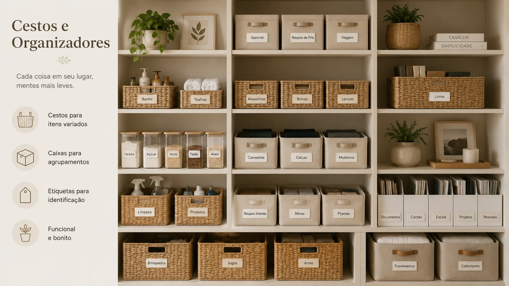 Cestos e caixas organizadoras em prateleira estilo KonMari