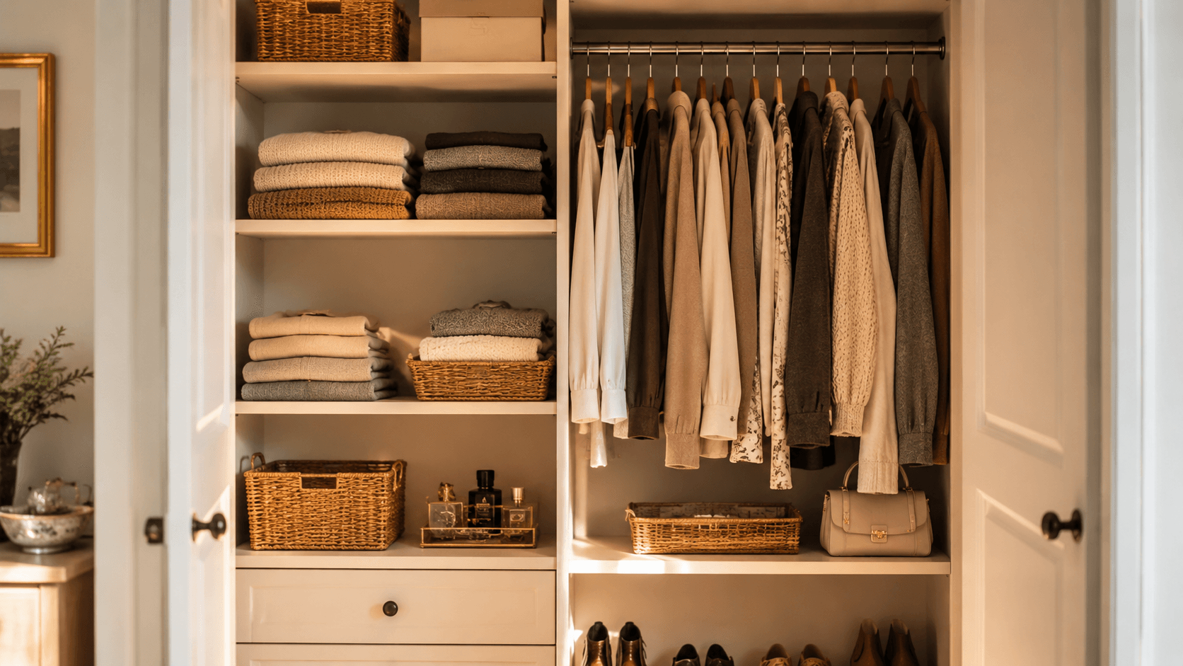 Guarda-roupa aberto e organizado com cabides uniformes e cestos decorativos