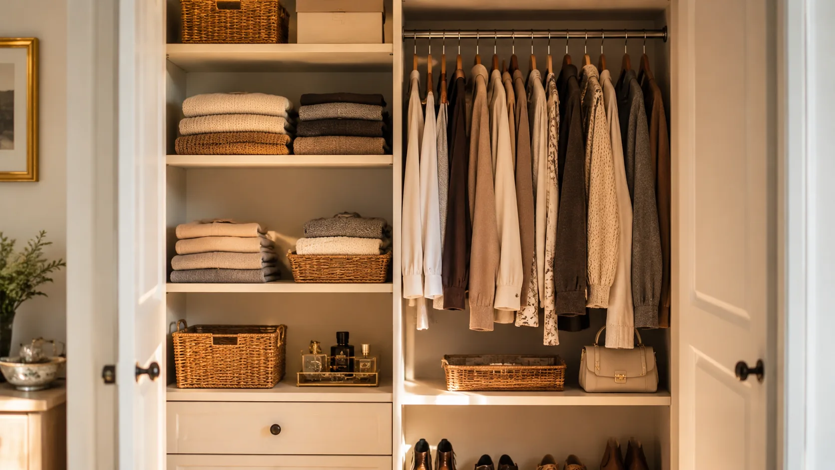 Guarda-Roupa Pequeno Sempre Bagunçado? 10 Truques que Mudam Tudo Guarda-roupa aberto e organizado com cabides uniformes e cestos decorativos