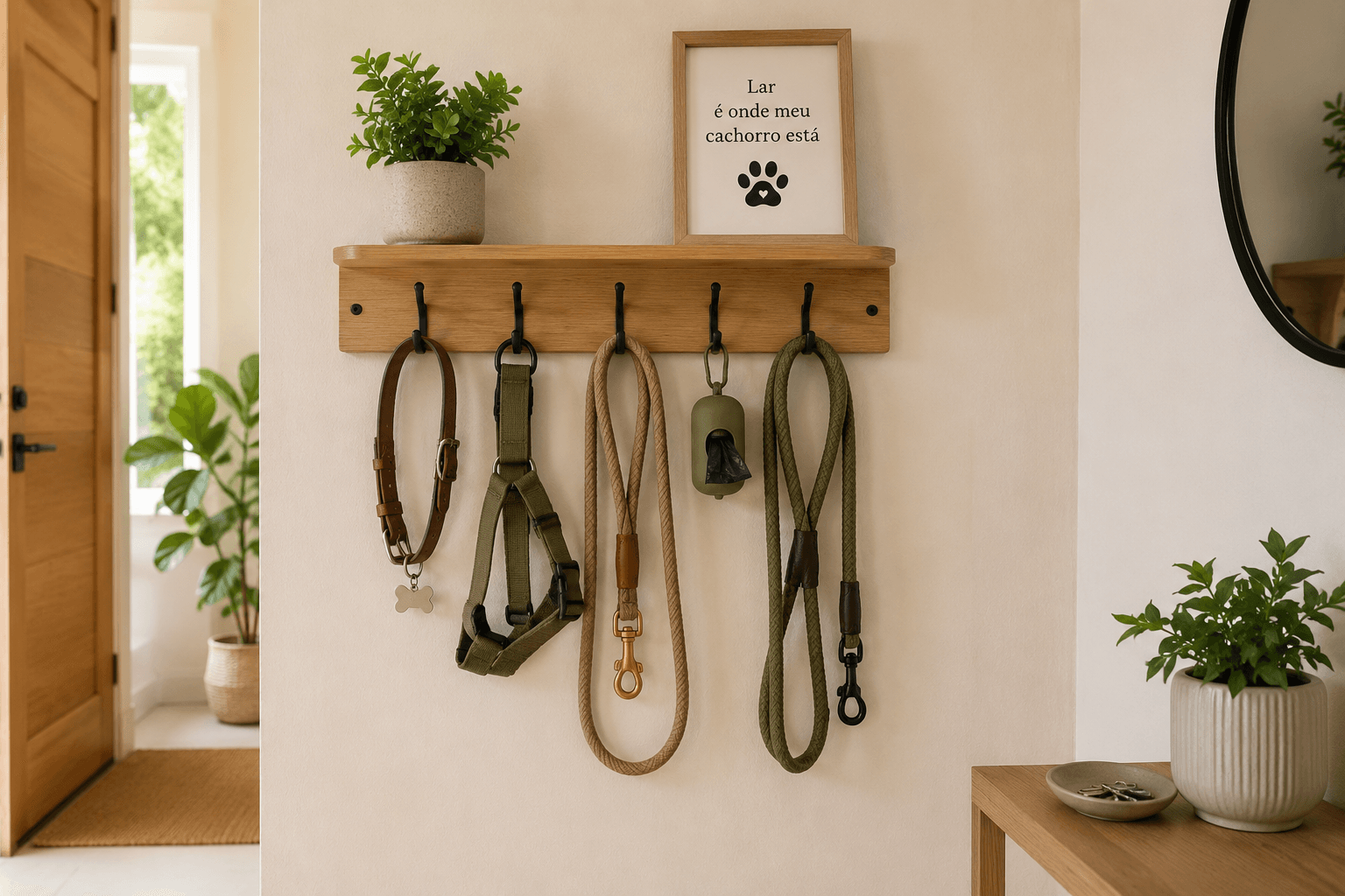 Coleiras e guias do pet organizadas em gancho na entrada da casa