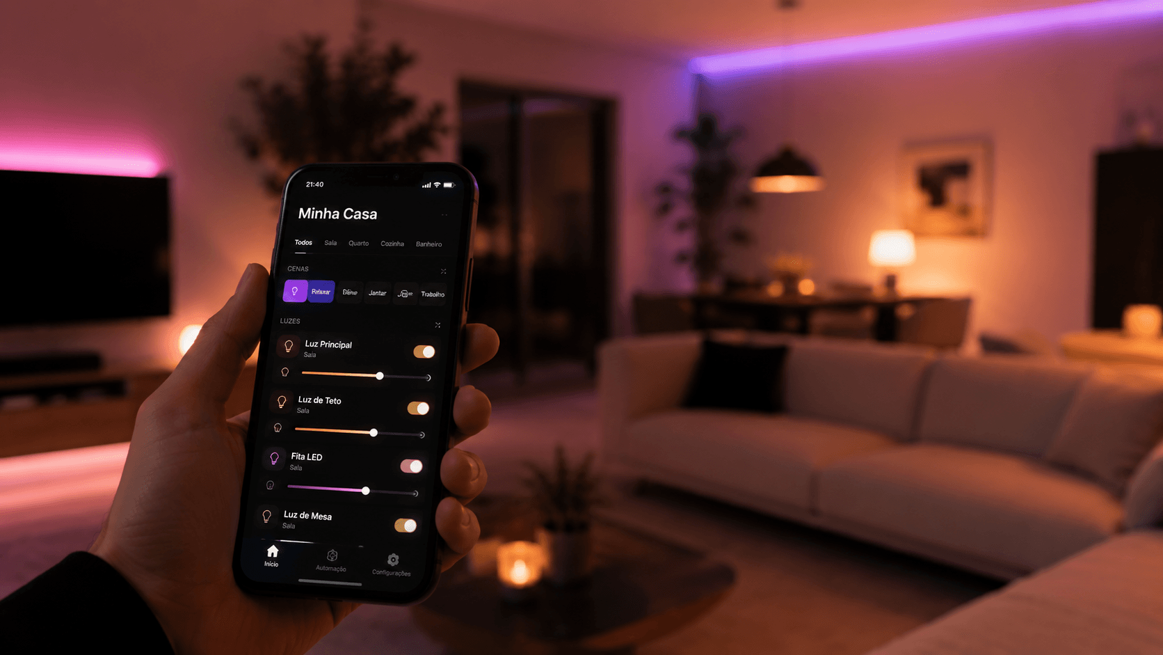 Mão segurando celular controlando iluminação inteligente da casa com ambiente decorado ao fundo