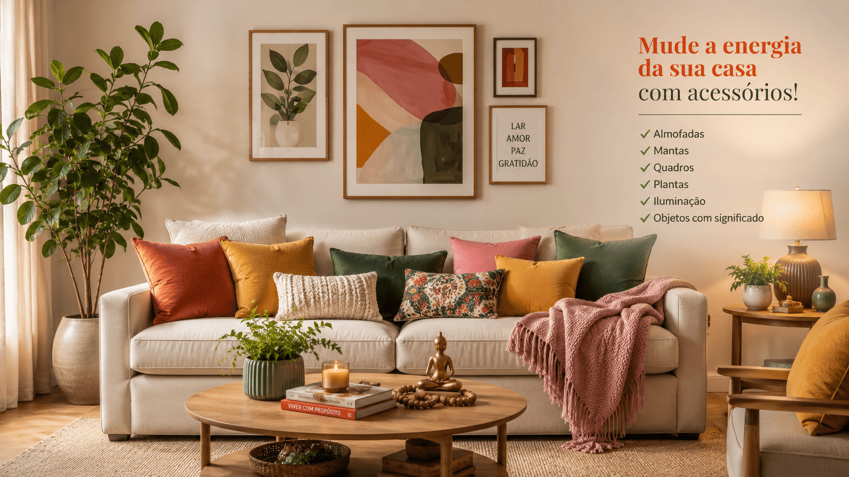 Cores que Atraem Energia Positiva: Guia de Feng Shui por Cômodo Sala de estar com almofadas coloridas, tapete e quadros nas paredes para mudar a energia sem pintar