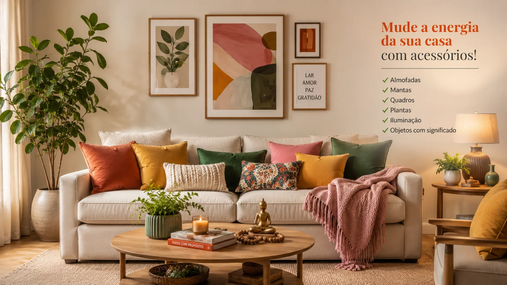 Sala de estar com almofadas coloridas, tapete e quadros nas paredes para mudar a energia sem pintar