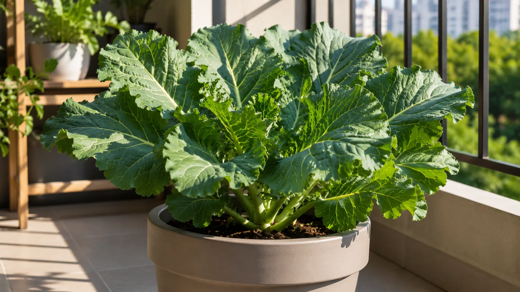 Horta em Apartamento: Como Cultivar Alface, Couve e Tomate na Varanda Couve viçosa crescendo em vaso grande em varanda de apartamento ensolarada