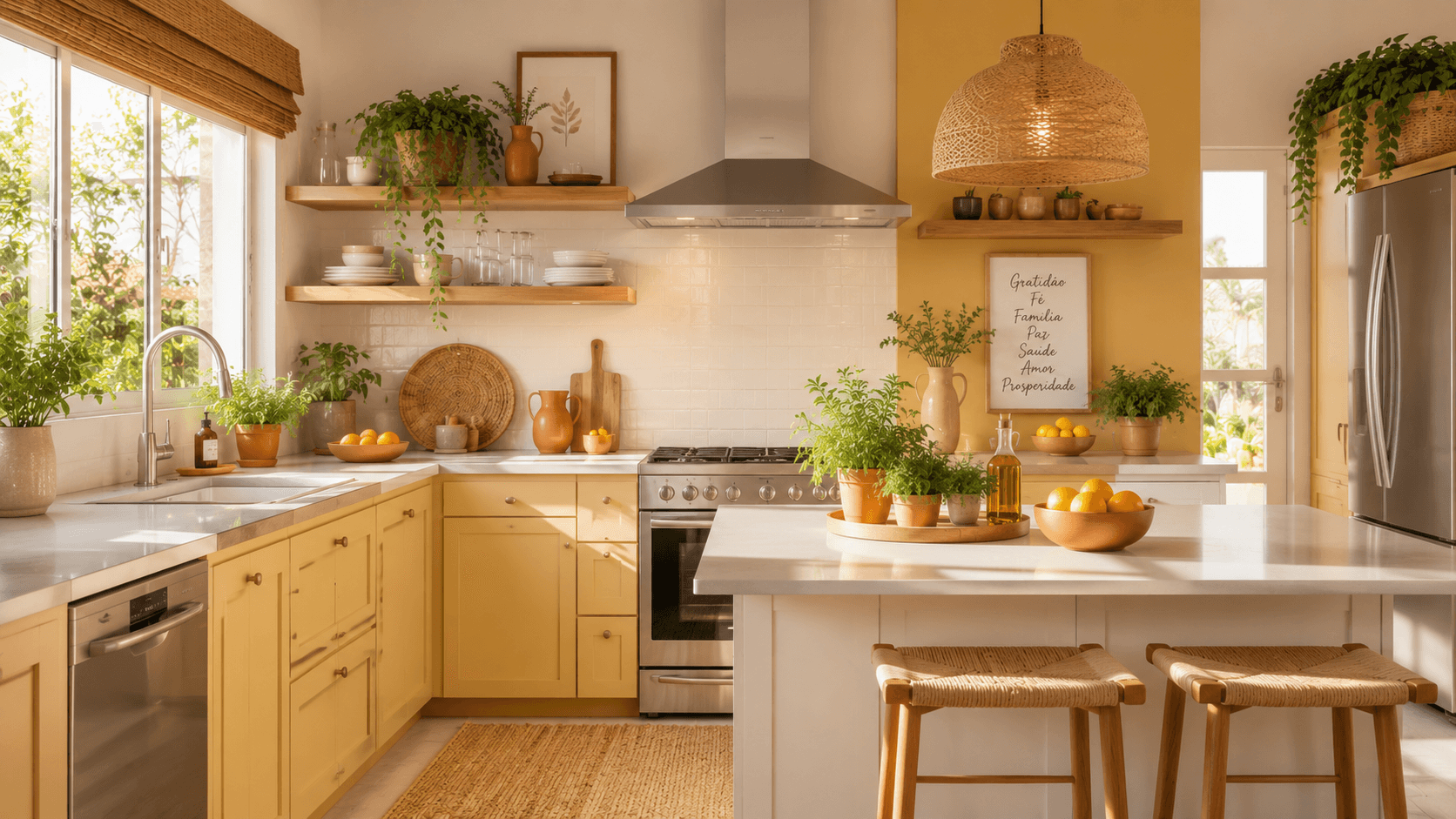 Cores que Atraem Energia Positiva: Guia de Feng Shui por Cômodo Cozinha clara com detalhes em terracota e plantas aromáticas, decoração feng shui de prosperidade e saúde