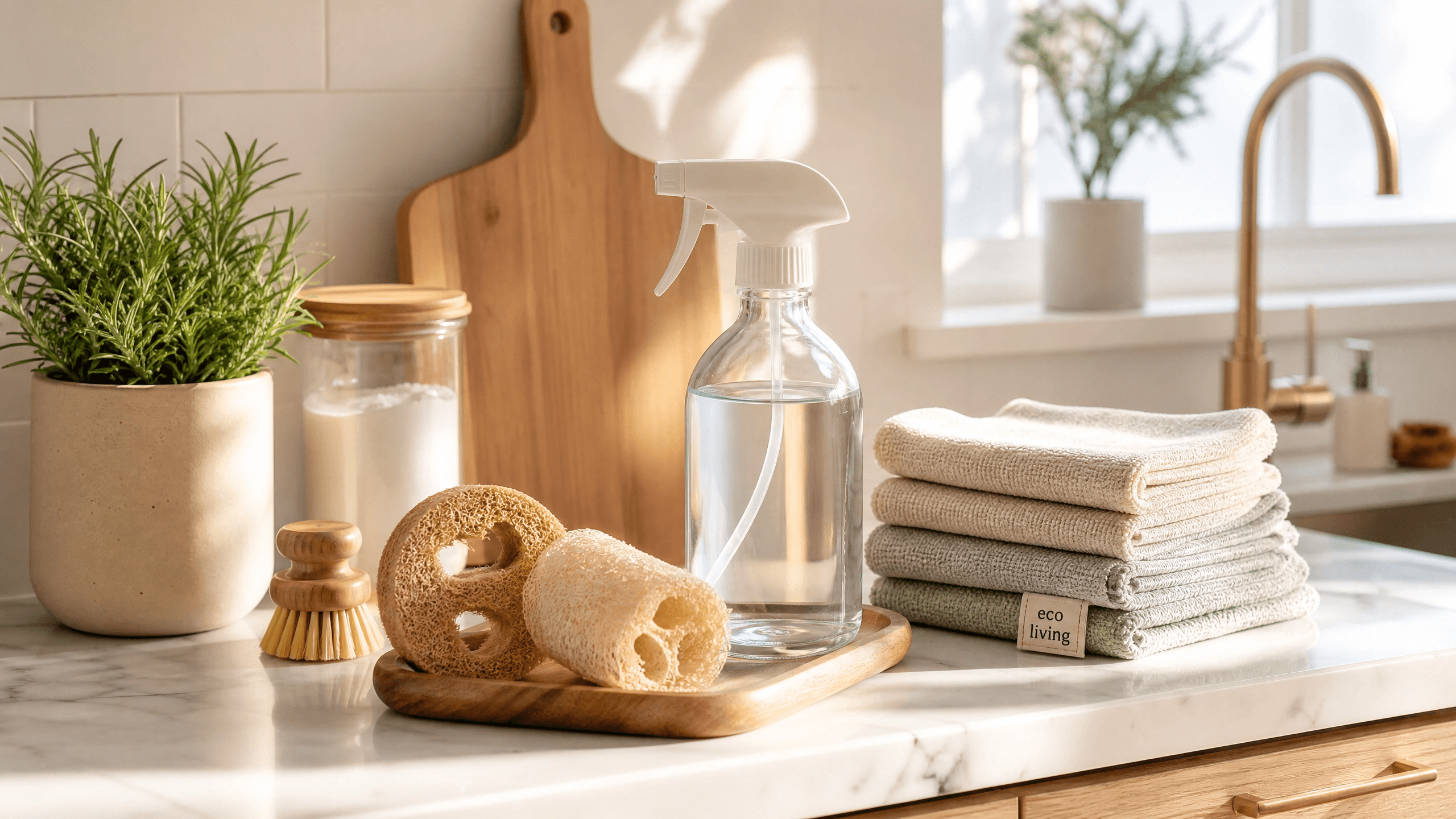 Cozinha organizada com produtos de limpeza ecológicos sobre a bancada