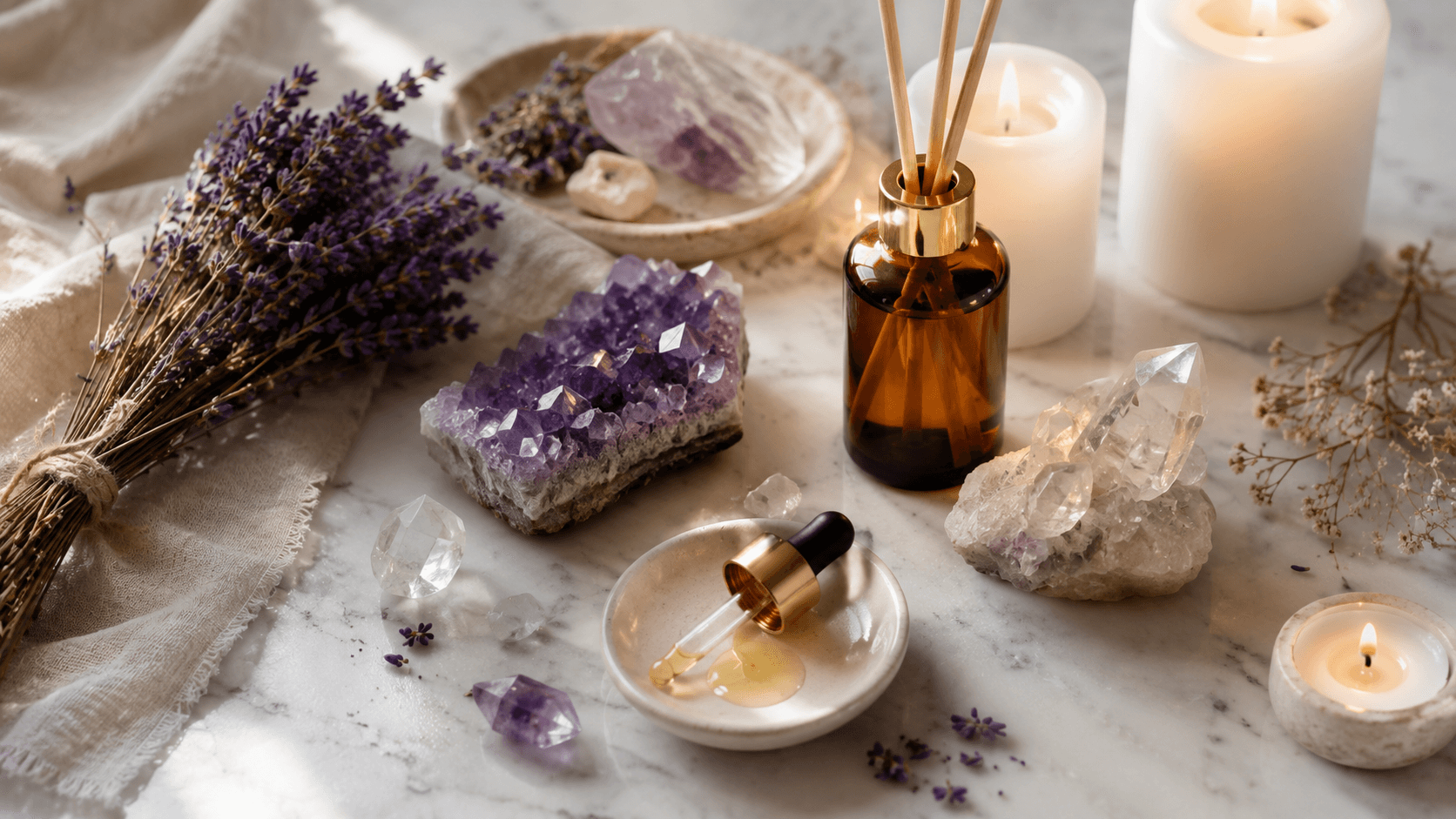 Cristais, difusor de aromas e flores secas para aromaterapia em casa