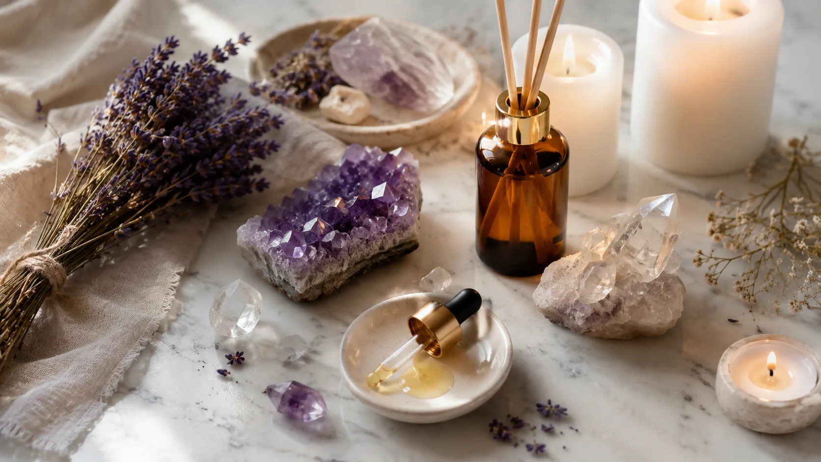 Cristais, difusor de aromas e flores secas para aromaterapia em casa