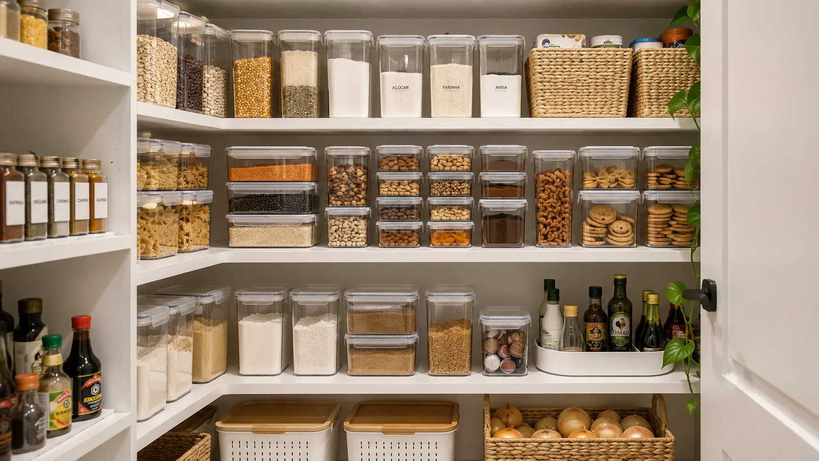 Potes herméticos empilháveis organizando despensa de cozinha