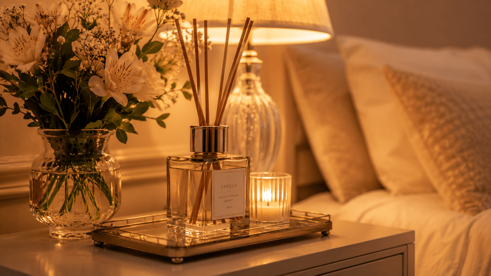 Difusor aromático e flores sobre criado-mudo com luz dourada suave