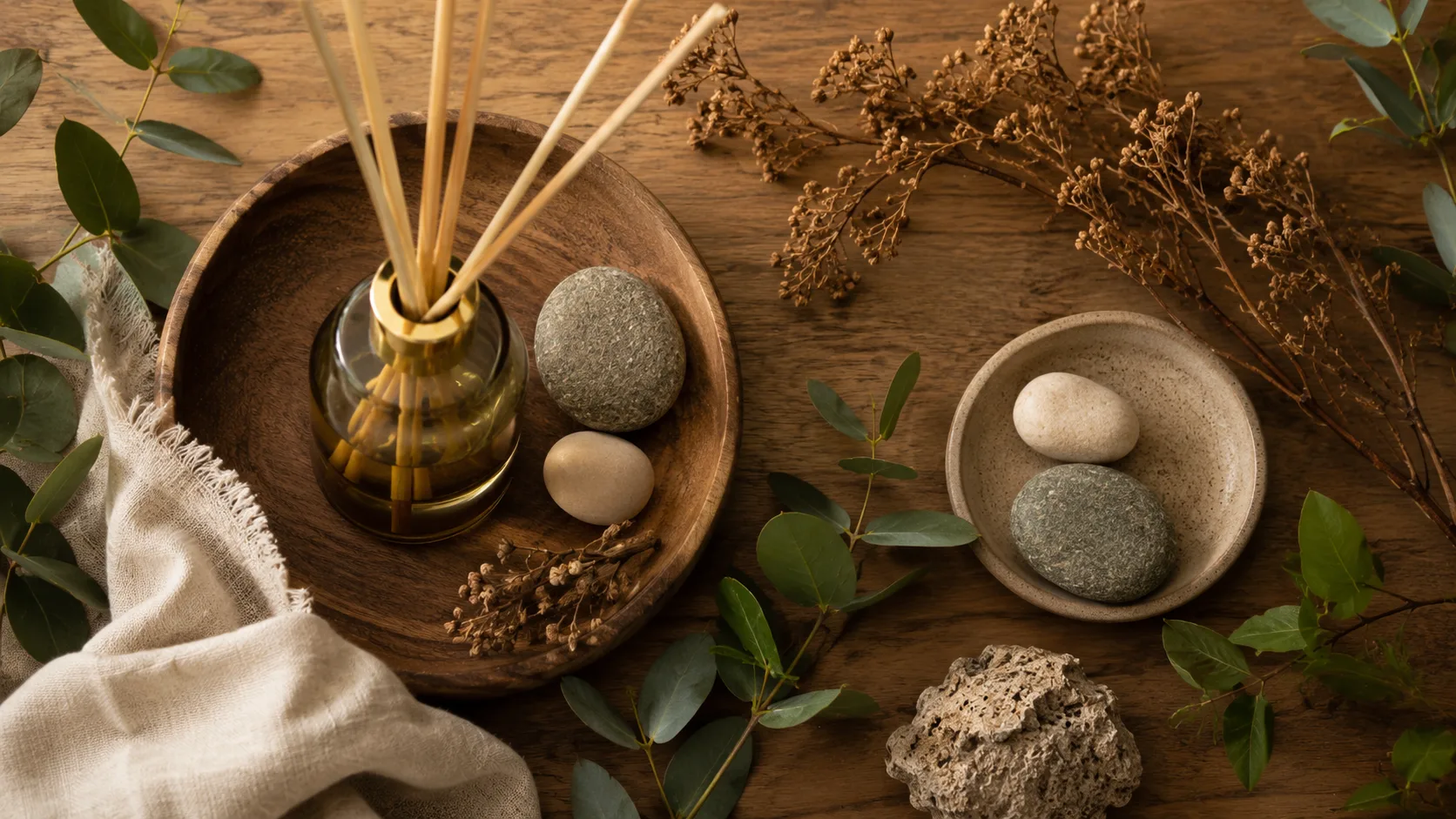 Close em difusor de aromas, pedras naturais, galhos e folhagens sobre superfície de madeira — detalhes sensoriais biofílicos