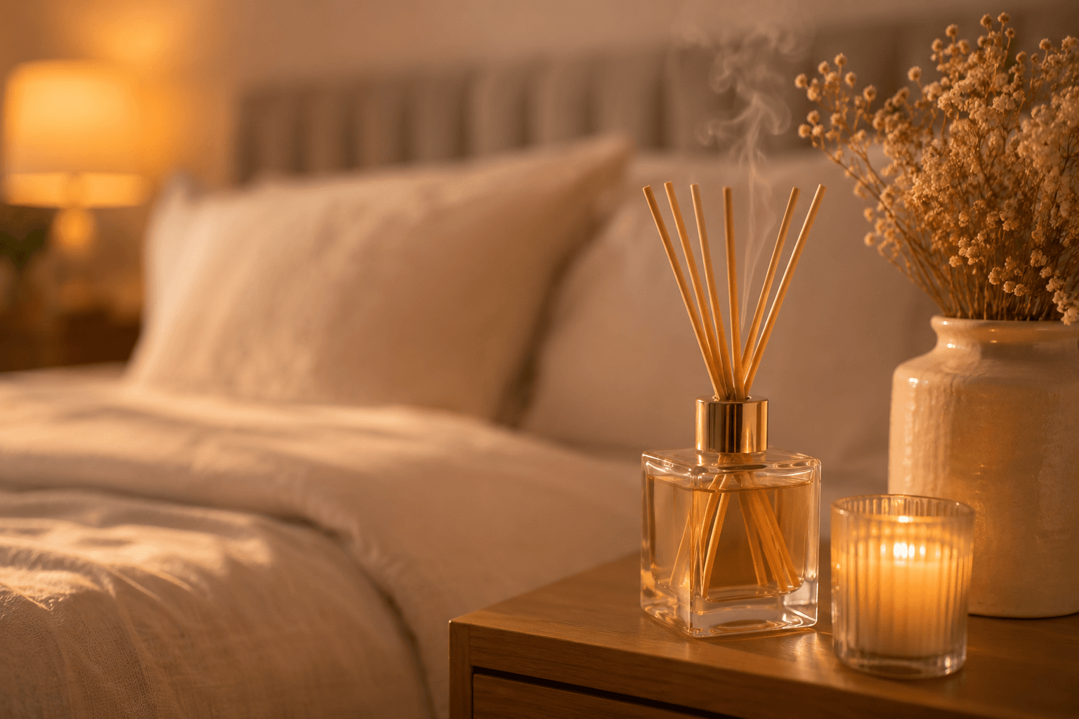 Difusor de aromas na mesa de cabeceira com vela e flor seca em quarto organizado