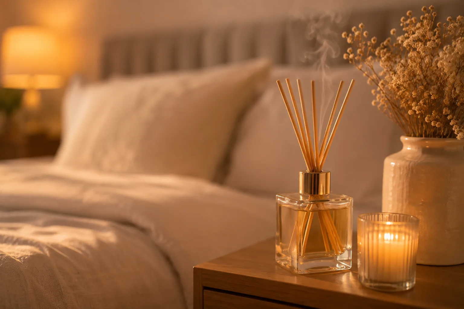 Quarto Organizado: Por Que Você Não Consegue Manter e Como Mudar Isso de Vez Difusor de aromas na mesa de cabeceira com vela e flor seca em quarto organizado