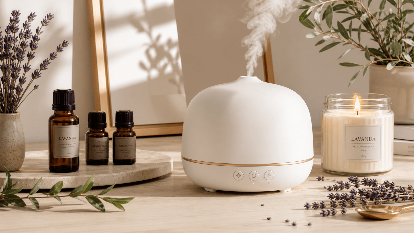 Difusor ultrassônico branco com névoa suave e frascos de óleo essencial — kit de aromaterapia