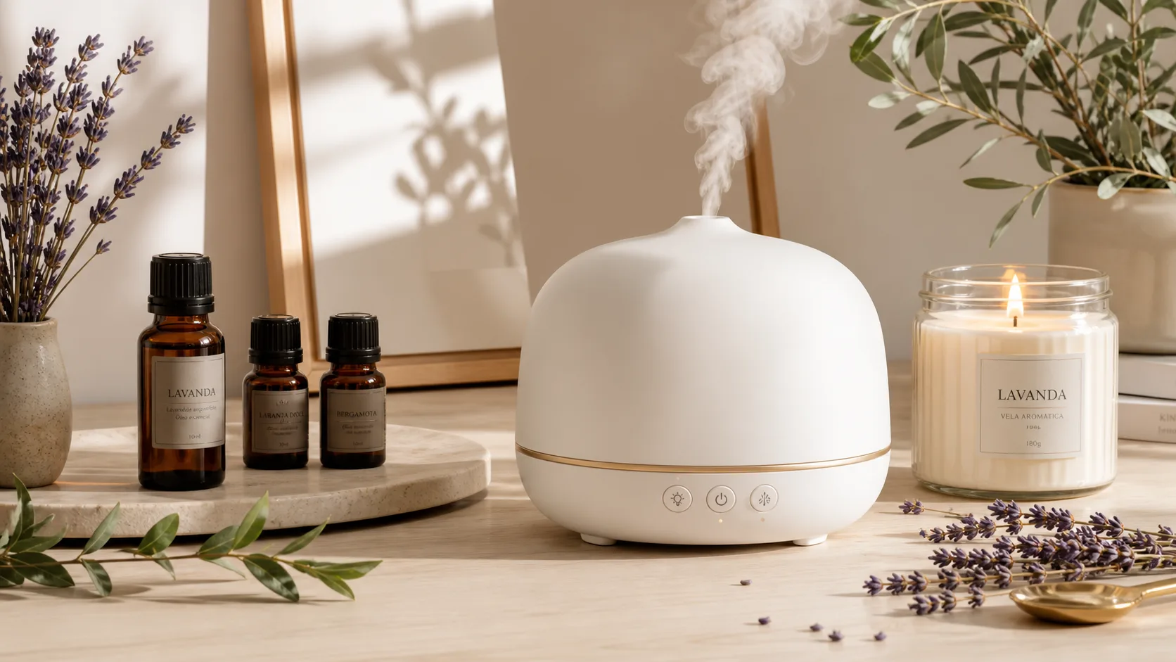 Difusor ultrassônico branco com névoa suave e frascos de óleo essencial — kit de aromaterapia