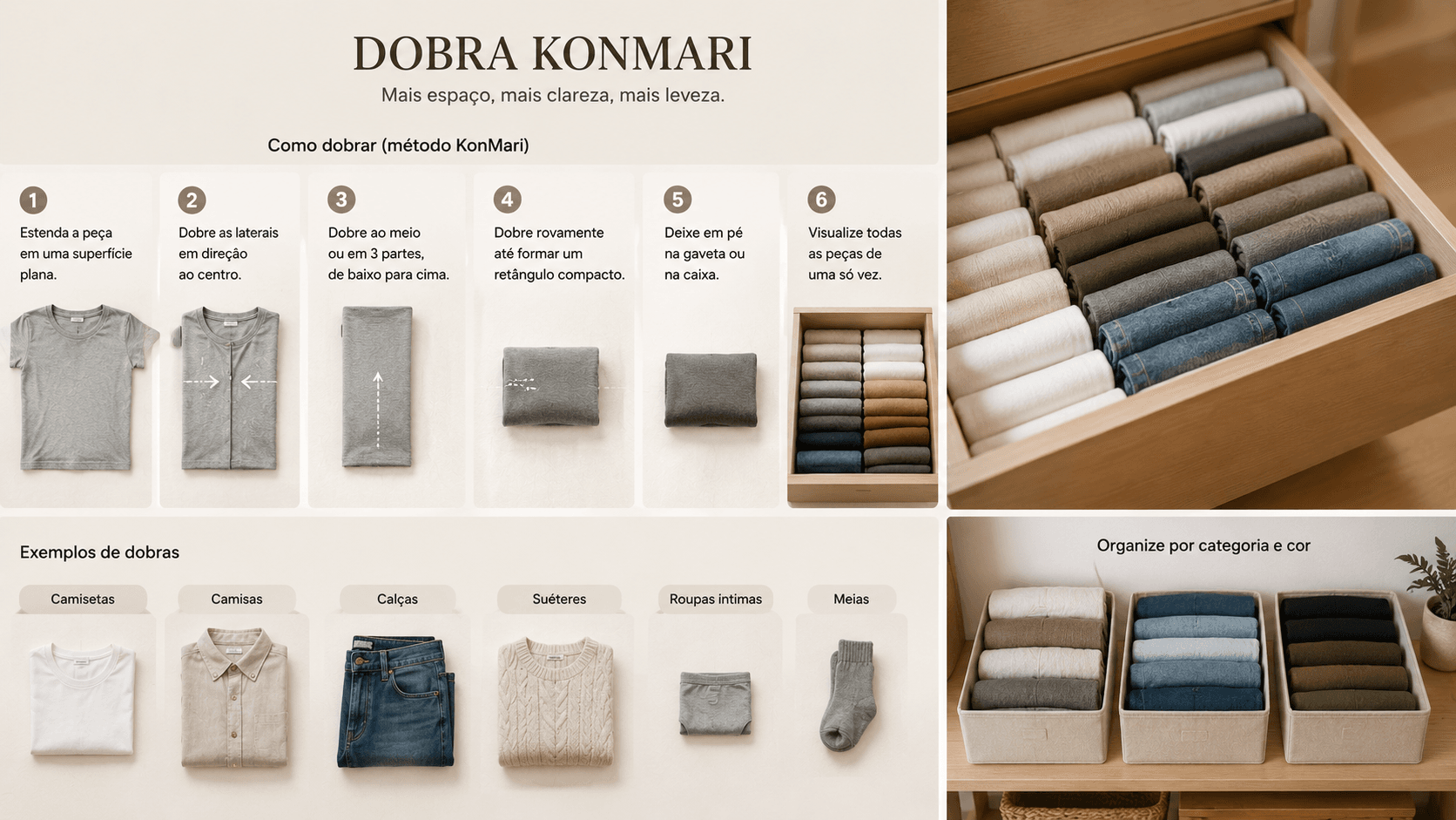 Dobra KonMari de roupas em gaveta organizada
