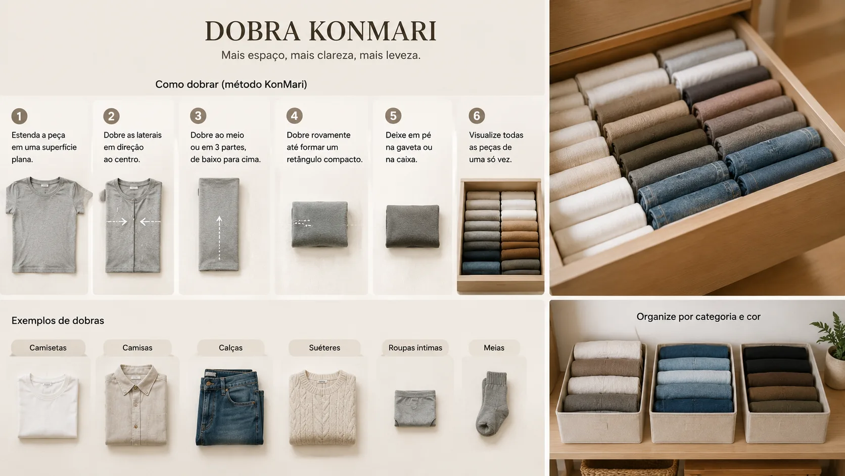 Dobra KonMari de roupas em gaveta organizada