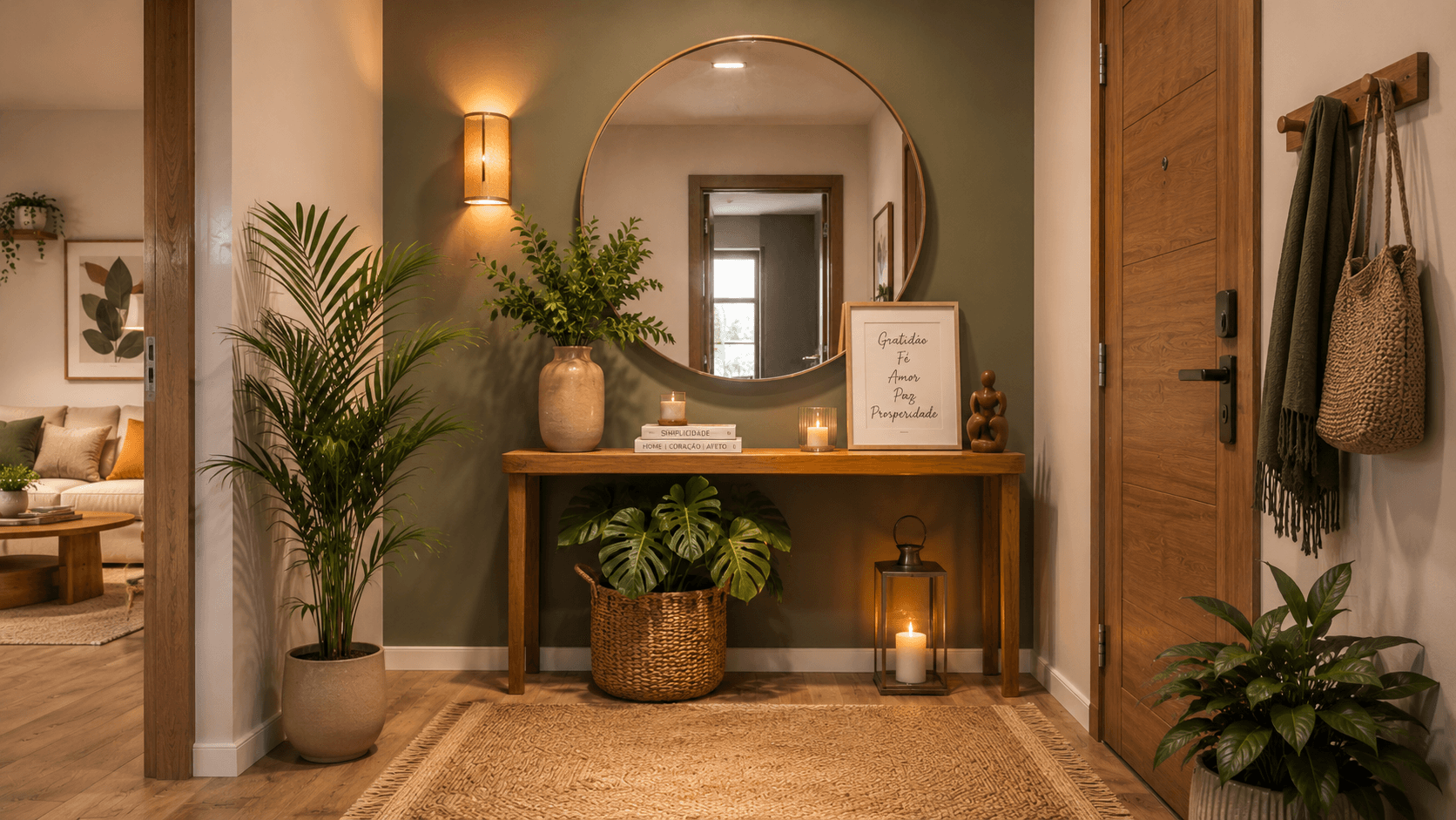 Cores que Atraem Energia Positiva: Guia de Feng Shui por Cômodo Hall de entrada decorado com espelho, planta verde e parede em tom terroso, feng shui para boas energias