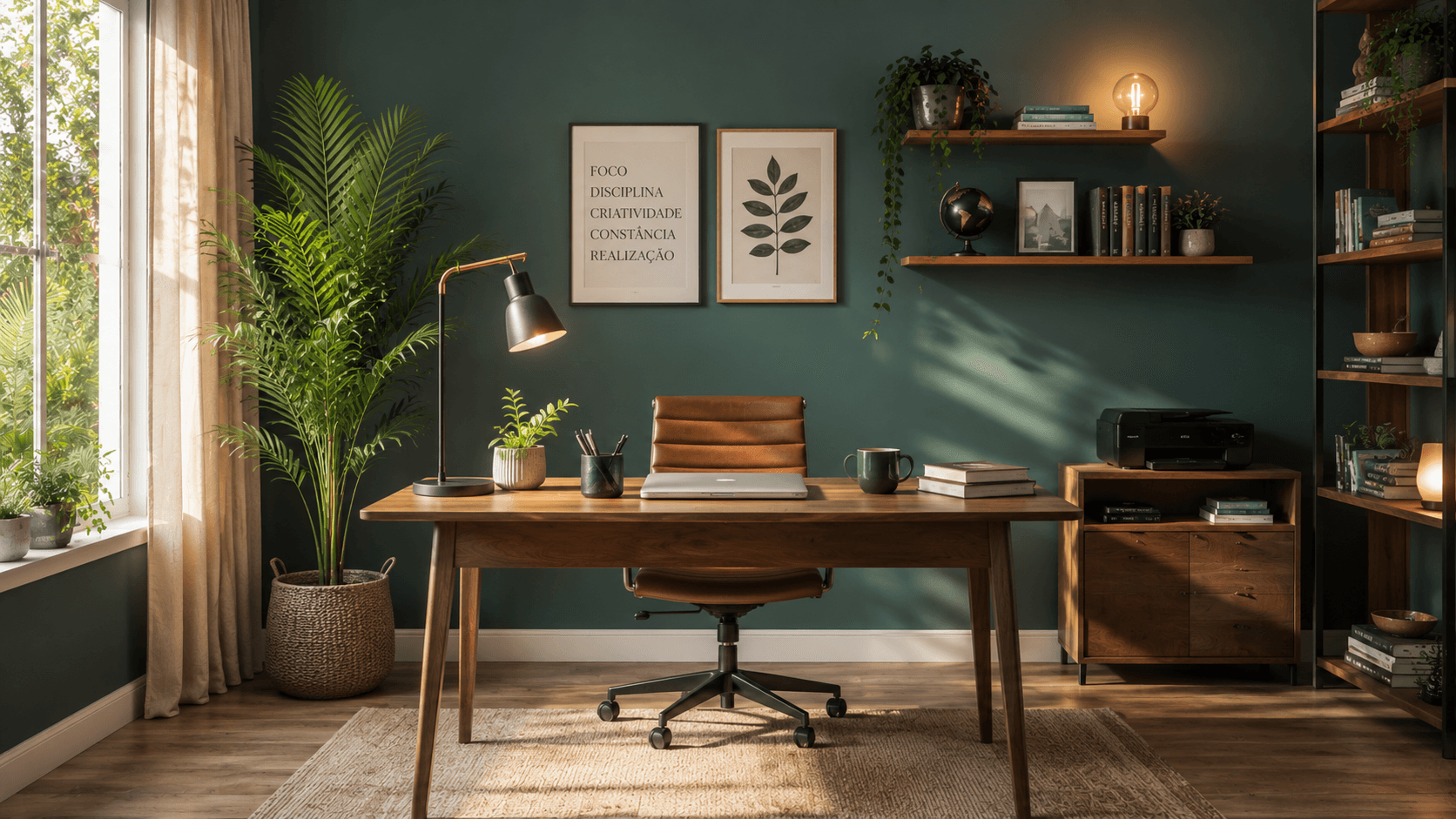 Cores que Atraem Energia Positiva: Guia de Feng Shui por Cômodo Home office moderno com parede em azul-petróleo, planta natural e mesa de madeira, ambiente de foco e criatividade