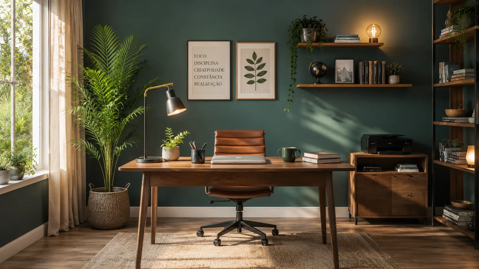 Home office moderno com parede em azul-petróleo, planta natural e mesa de madeira, ambiente de foco e criatividade