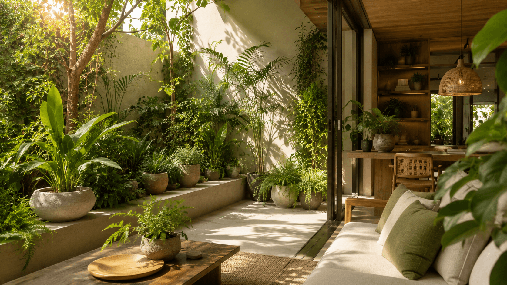 Espaço verde integrado à casa com vasos em diferentes alturas e luz natural — jardim interno biofílico