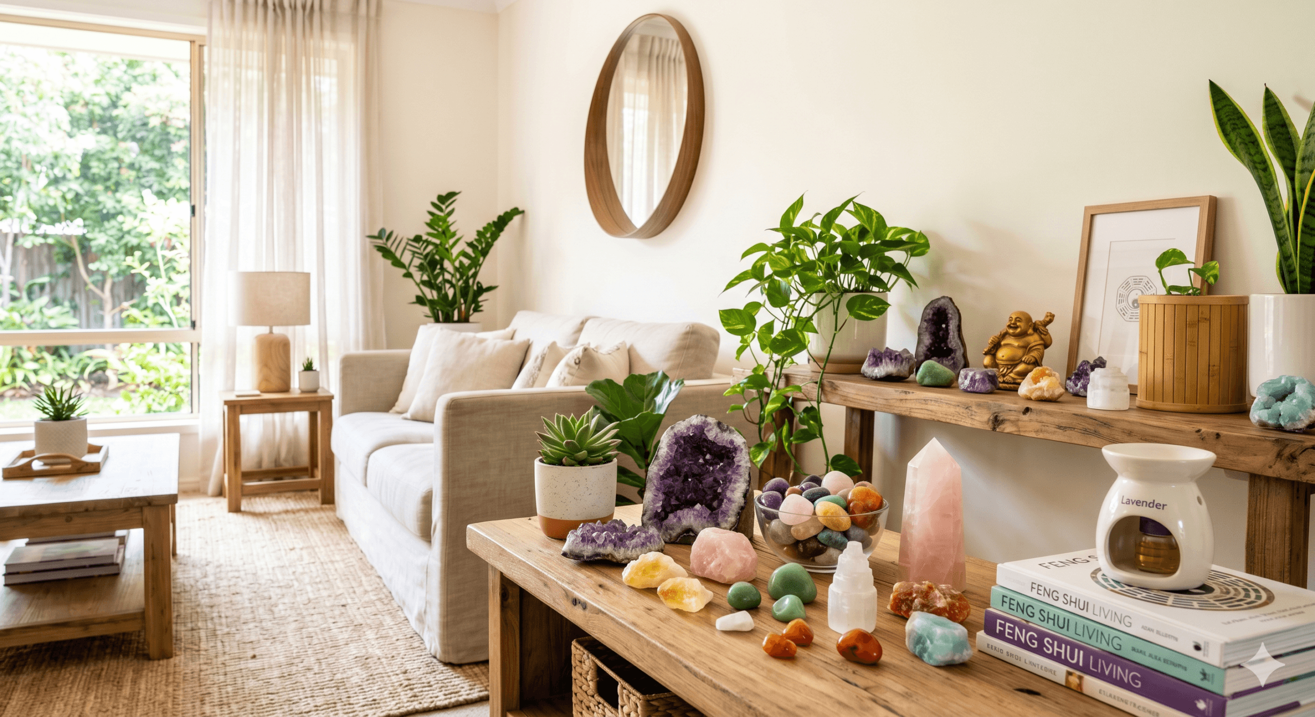 Cristais coloridos Feng Shui — ametista, quartzo rosa e citrino sobre superfície natural