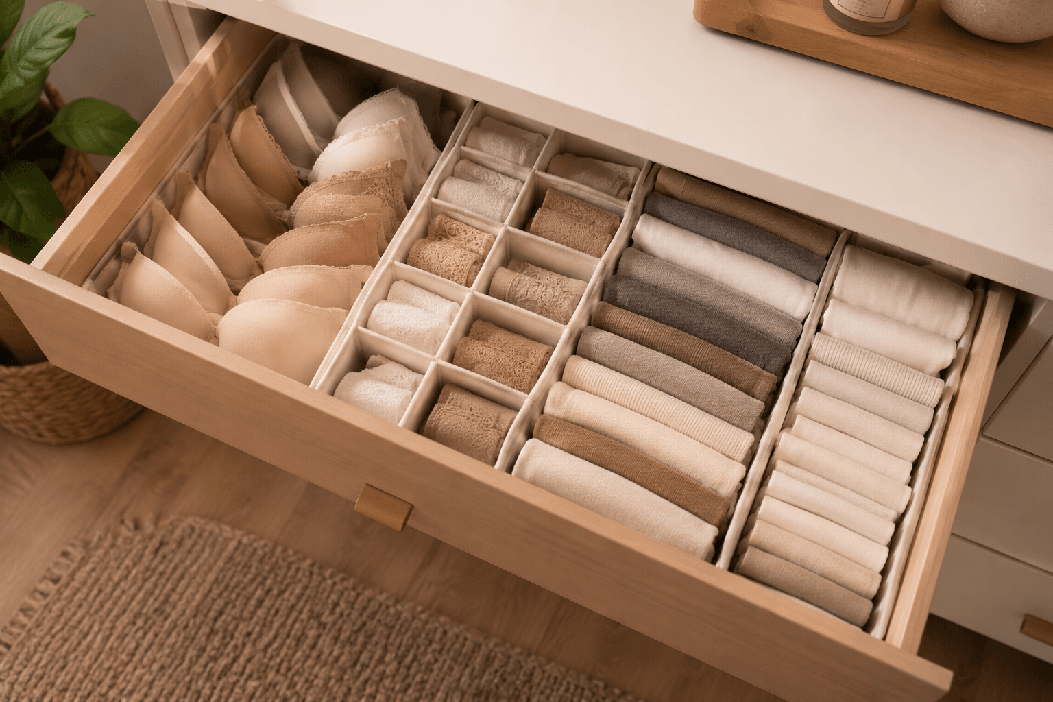 Gaveta organizada com divisórias e roupas dobradas de forma organizada