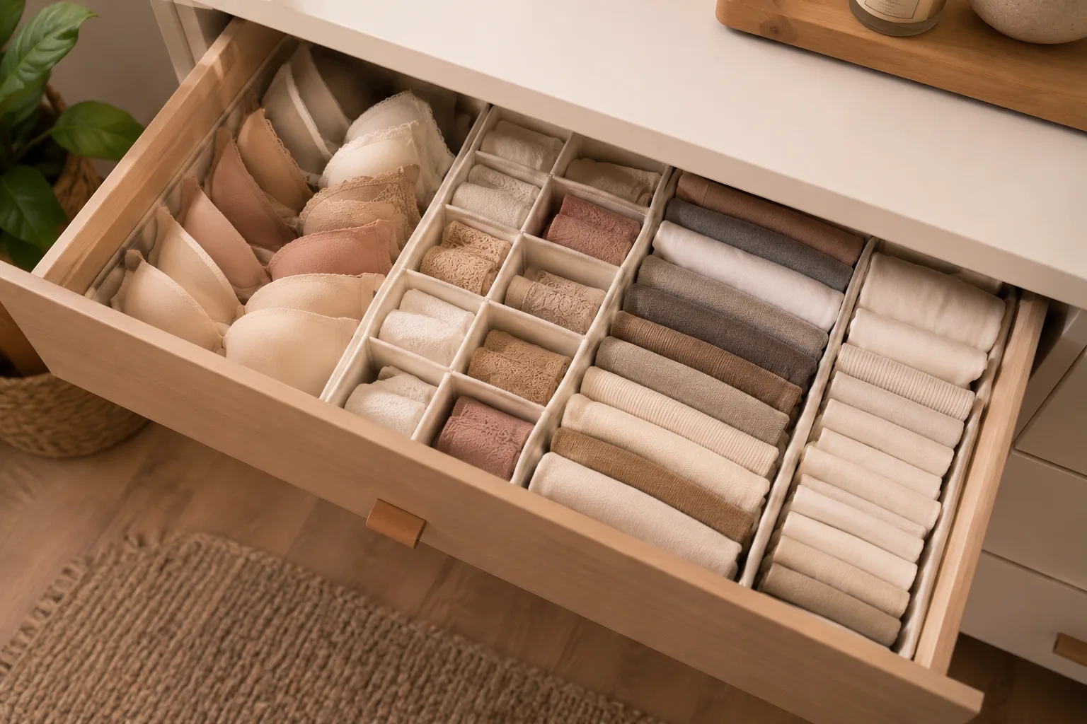 Quarto Organizado: Por Que Você Não Consegue Manter e Como Mudar Isso de Vez Gaveta organizada com divisórias e roupas dobradas de forma organizada