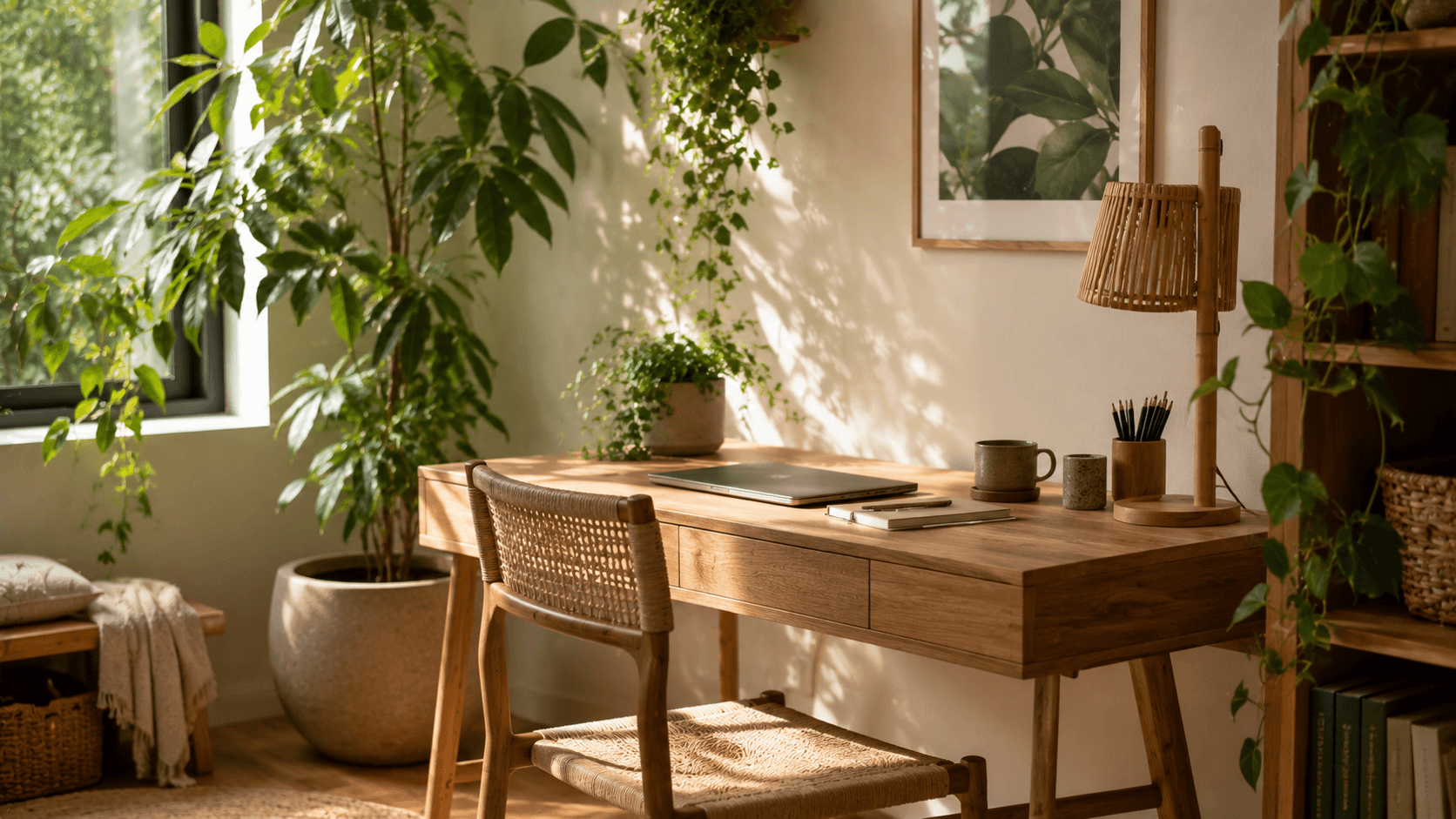 Home office biofílico com mesa de trabalho, planta ao lado, luz natural e materiais orgânicos