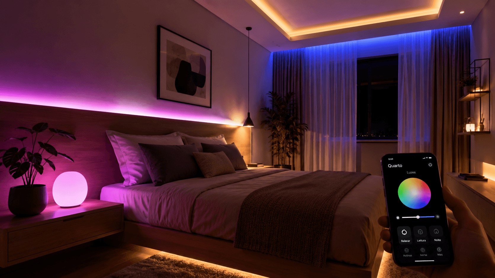 Iluminação inteligente com lâmpada LED colorida criando clima acolhedor em quarto decorado