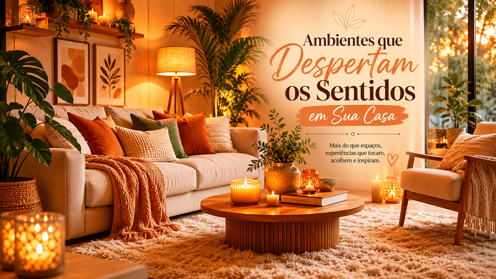 Sala decorada com iluminação quente, plantas, velas e tapete felpudo — decoração sensorial
