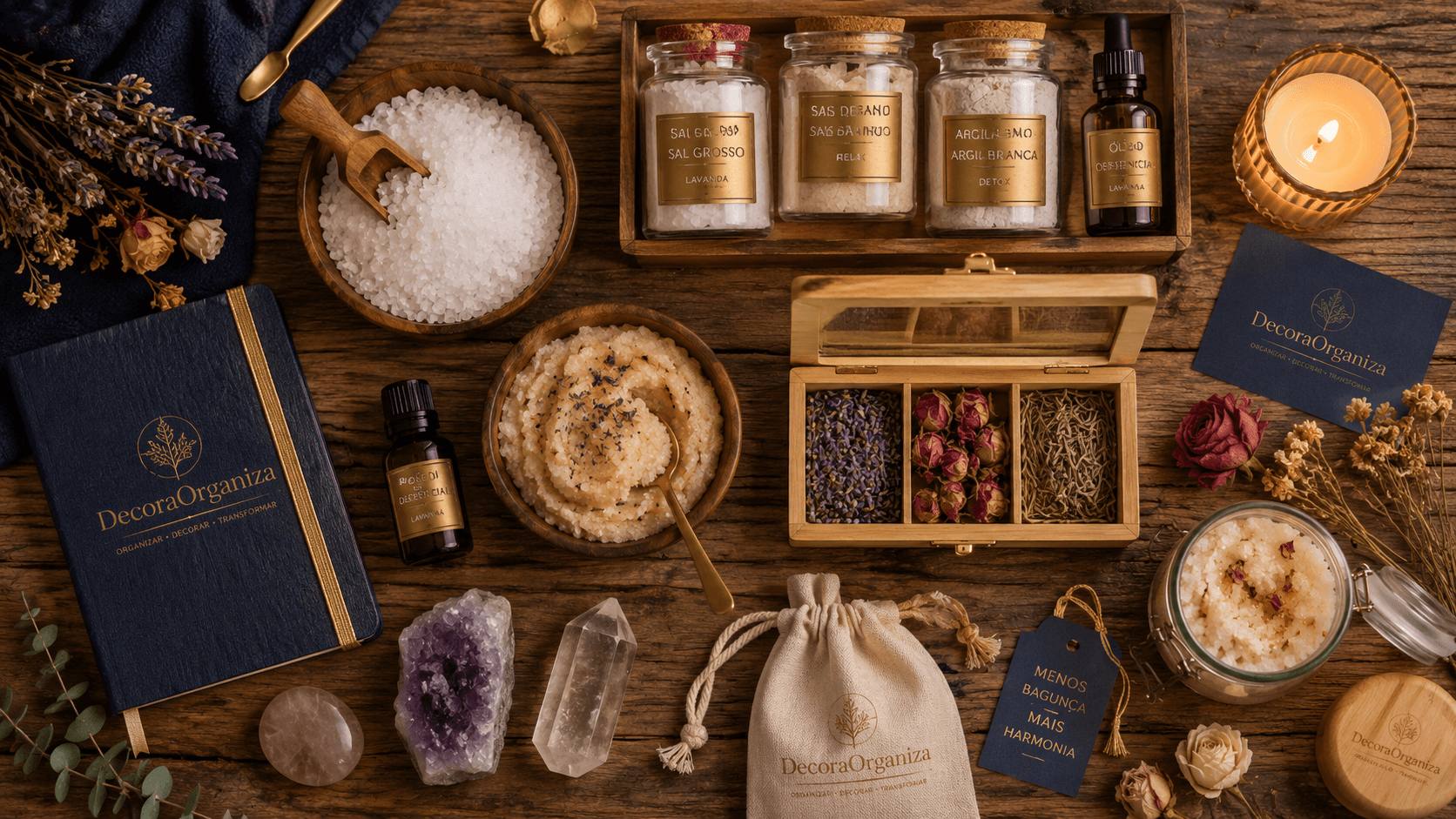 Flat lay com sal grosso, óleo essencial, flores secas e vela para ritual de banho terapêutico