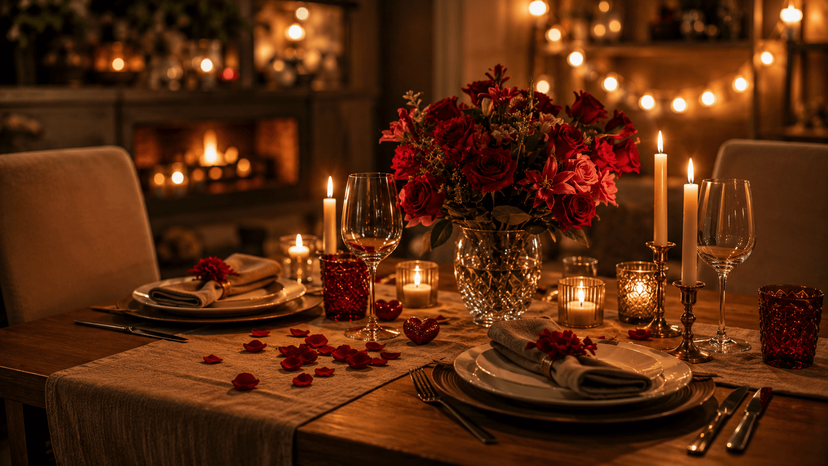 Mesa posta para jantar romântico a dois com velas, flores e taças no Dia dos Namorados