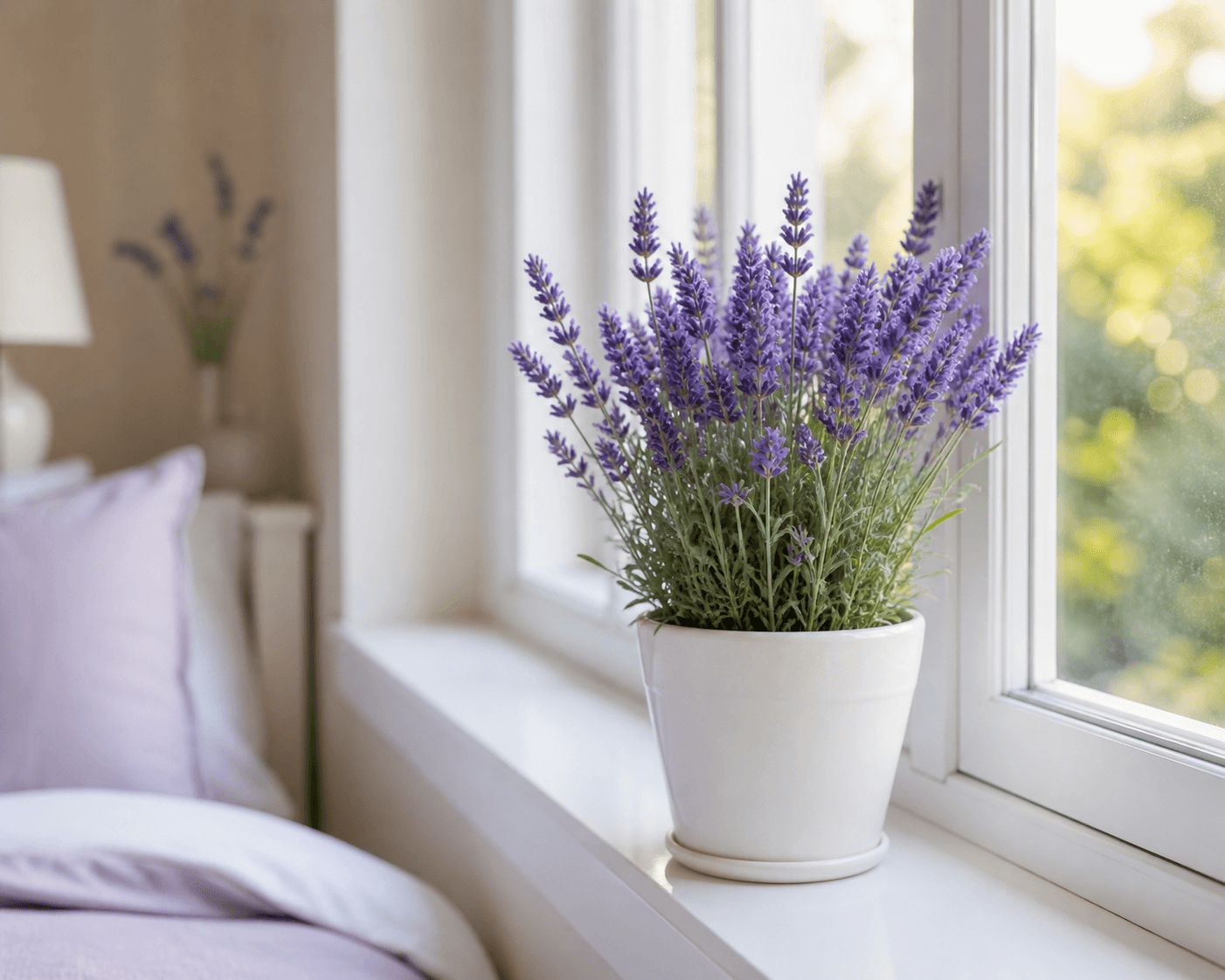 Lavanda na janela com luz natural — planta que traz calma e equilíbrio energético