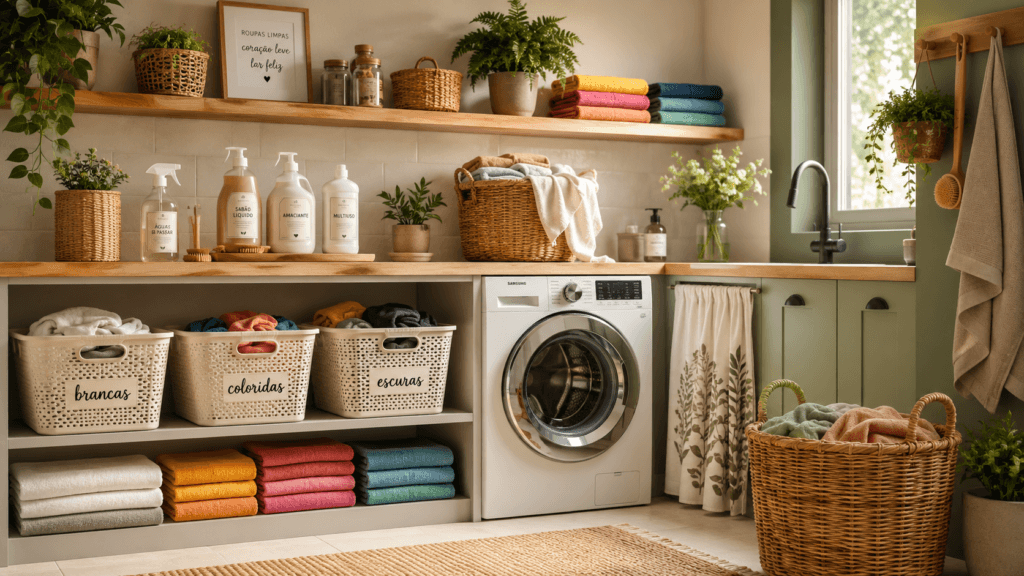 Lavanderia organizada com roupas coloridas, cestos e produtos naturais de limpeza