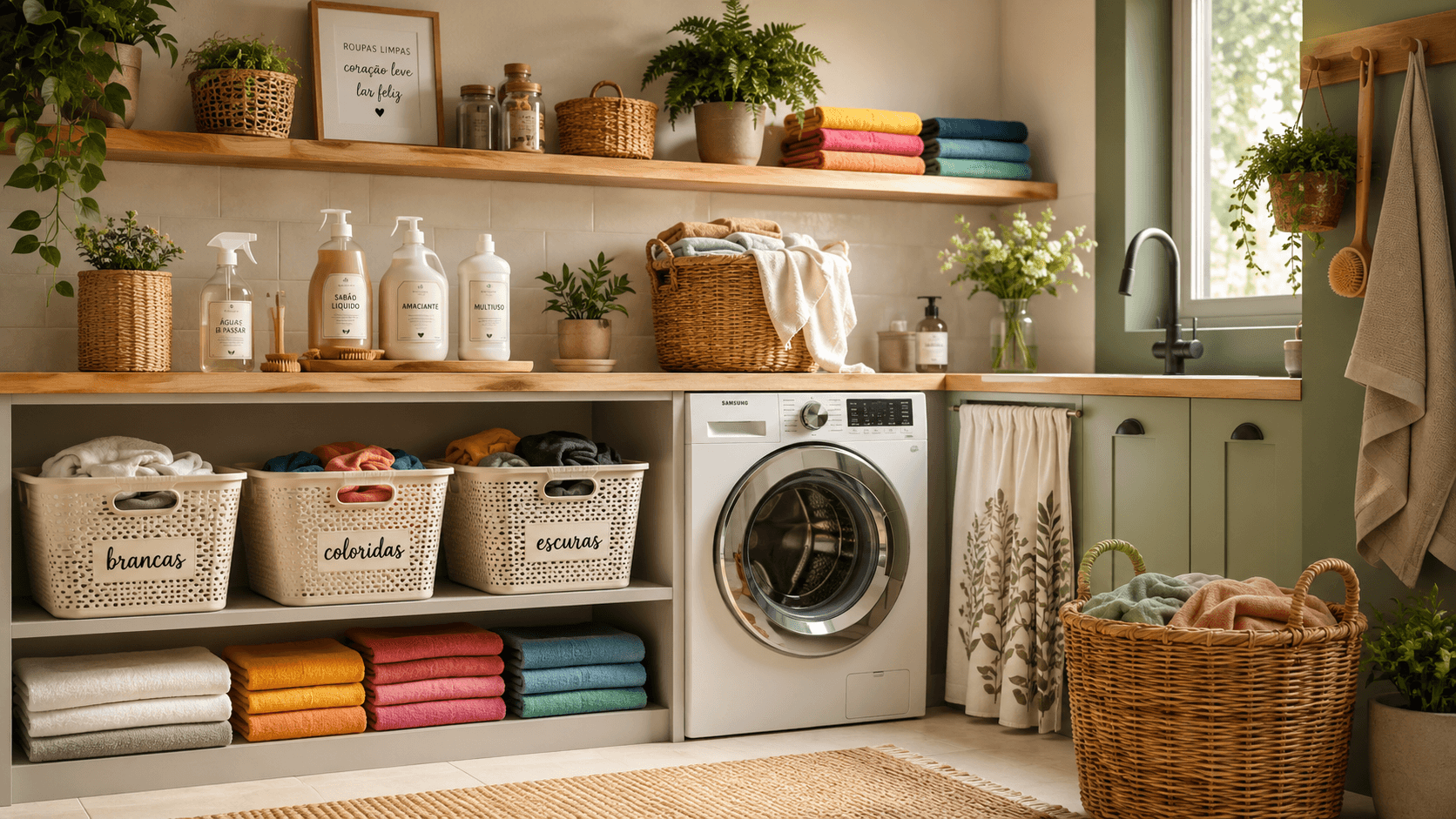 Lavanderia organizada com roupas coloridas, cestos e produtos naturais de limpeza