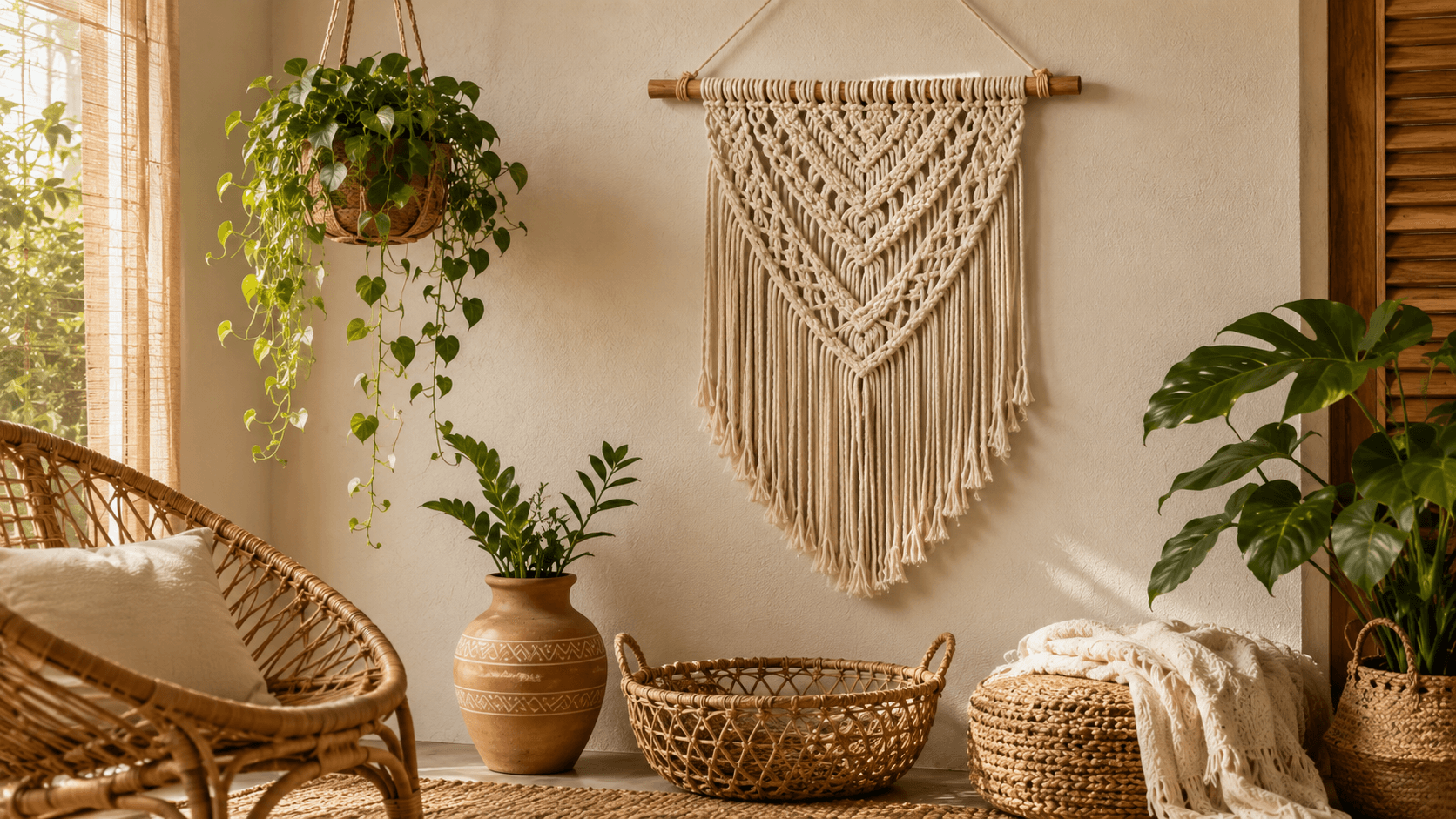 Parede decorada com macramê artesanal e planta pendente — decoração natural boho