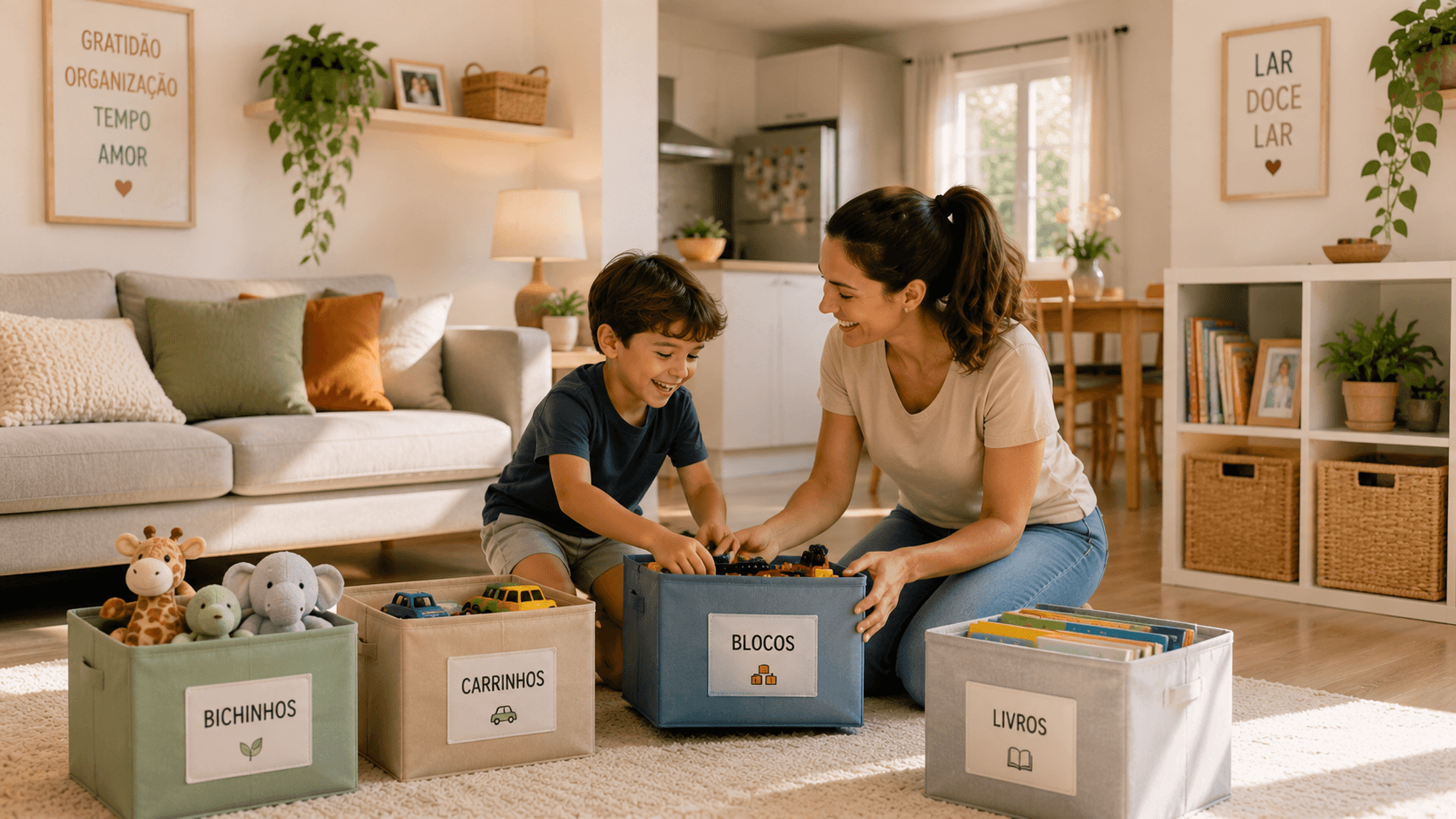 Mãe e filho organizando a casa juntos