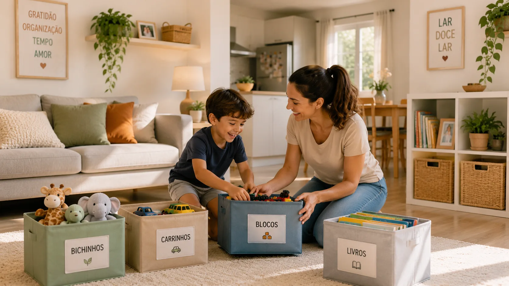 Organização com Filhos em Casa: Soluções que Funcionam de Verdade Mãe e filho organizando a casa juntos