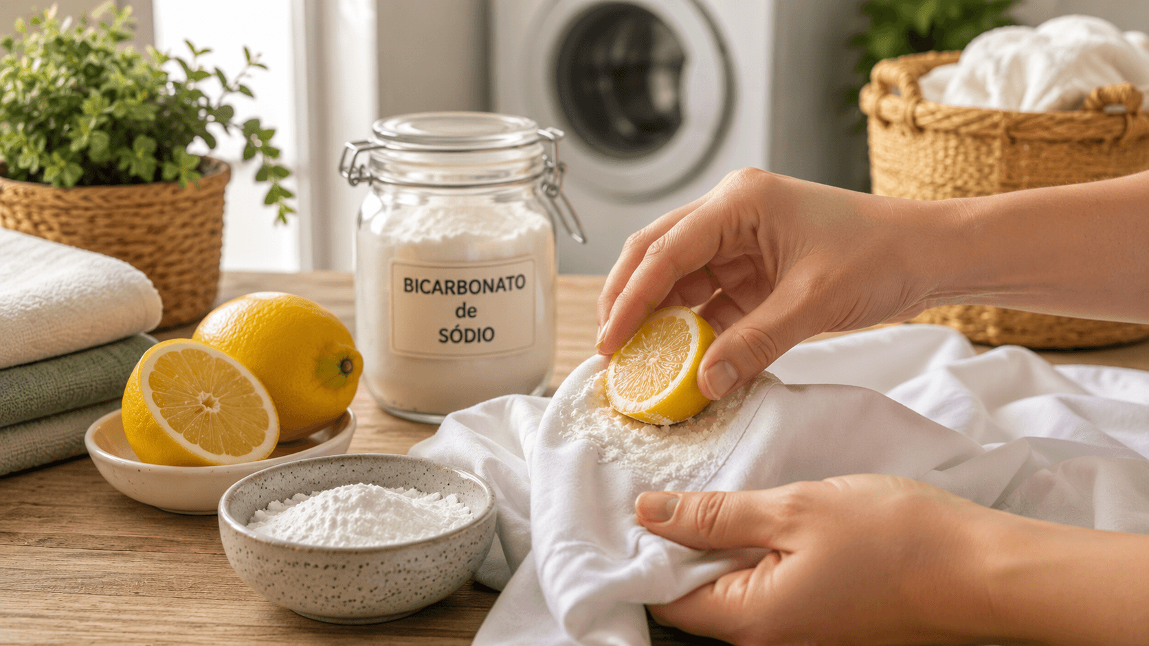Mãos aplicando receita caseira natural com bicarbonato e limão em roupa branca