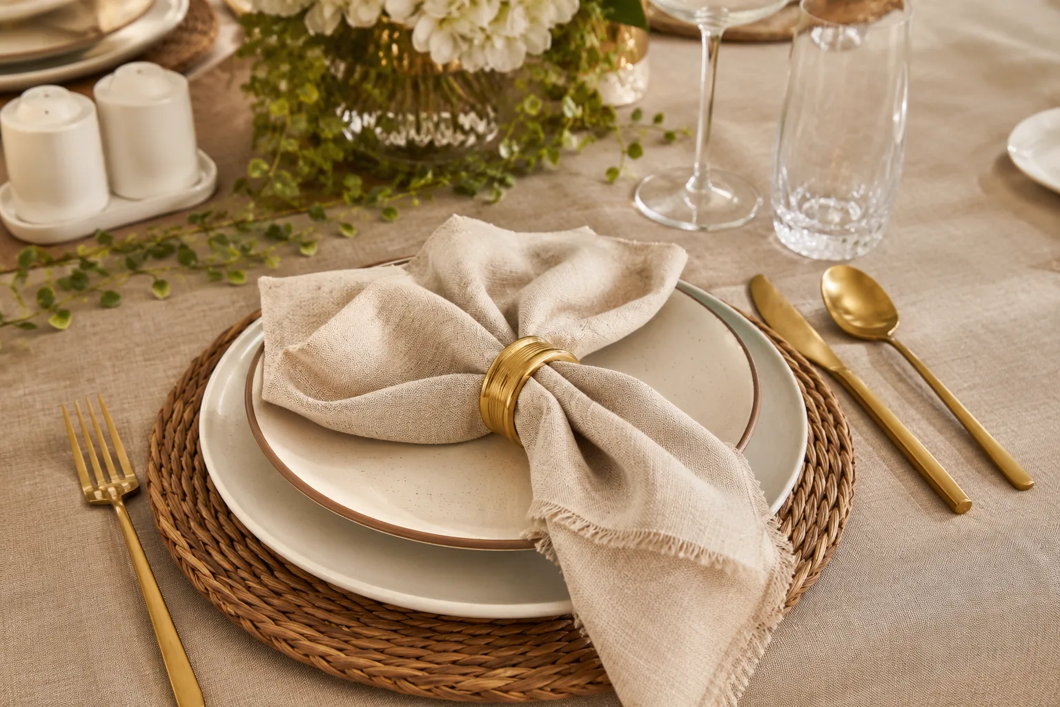 7 ideias de mesa posta simples e elegante Guardanapos de tecido de linho dobrados elegantemente sobre mesa posta