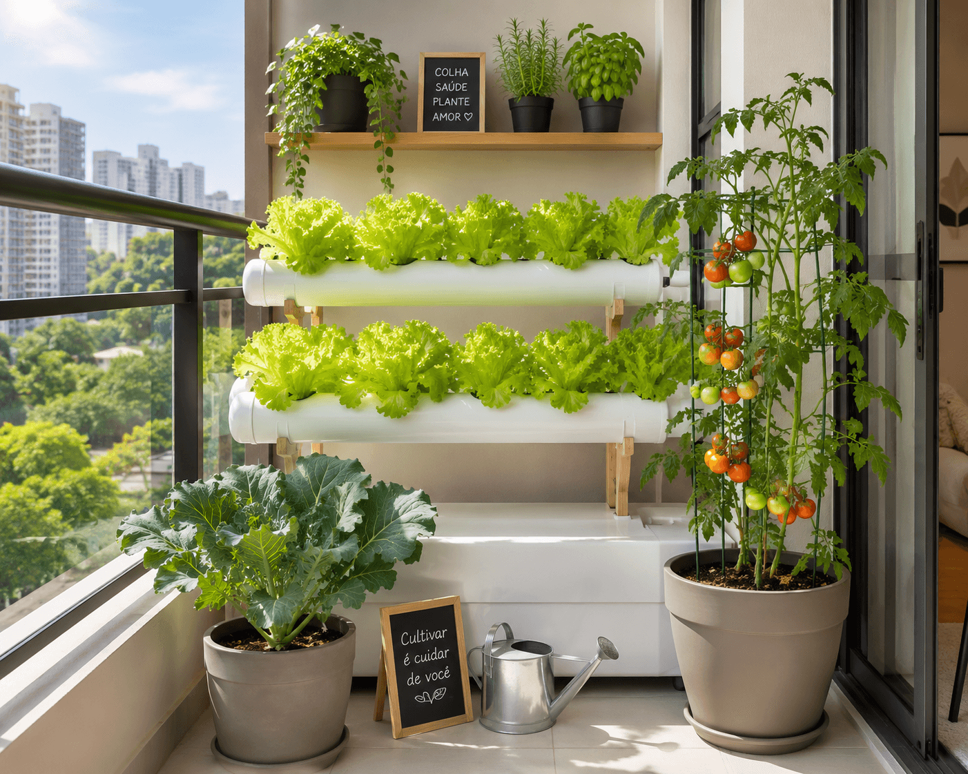 Horta em apartamento com alface hidropônica, couve e tomate cereja na varanda