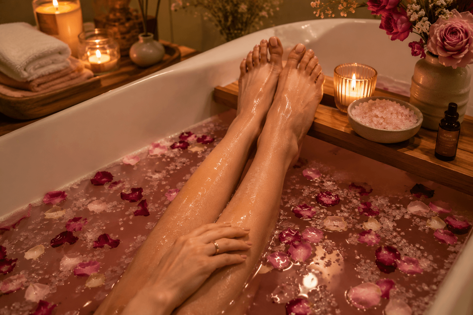 Pés femininos na banheira com água perfumada, pétalas e sal — momento do ritual terapêutico