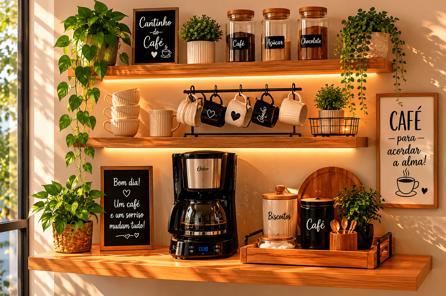 prateleiras flutuantes de madeira com cafeteira e potes organizados para cantinho do café