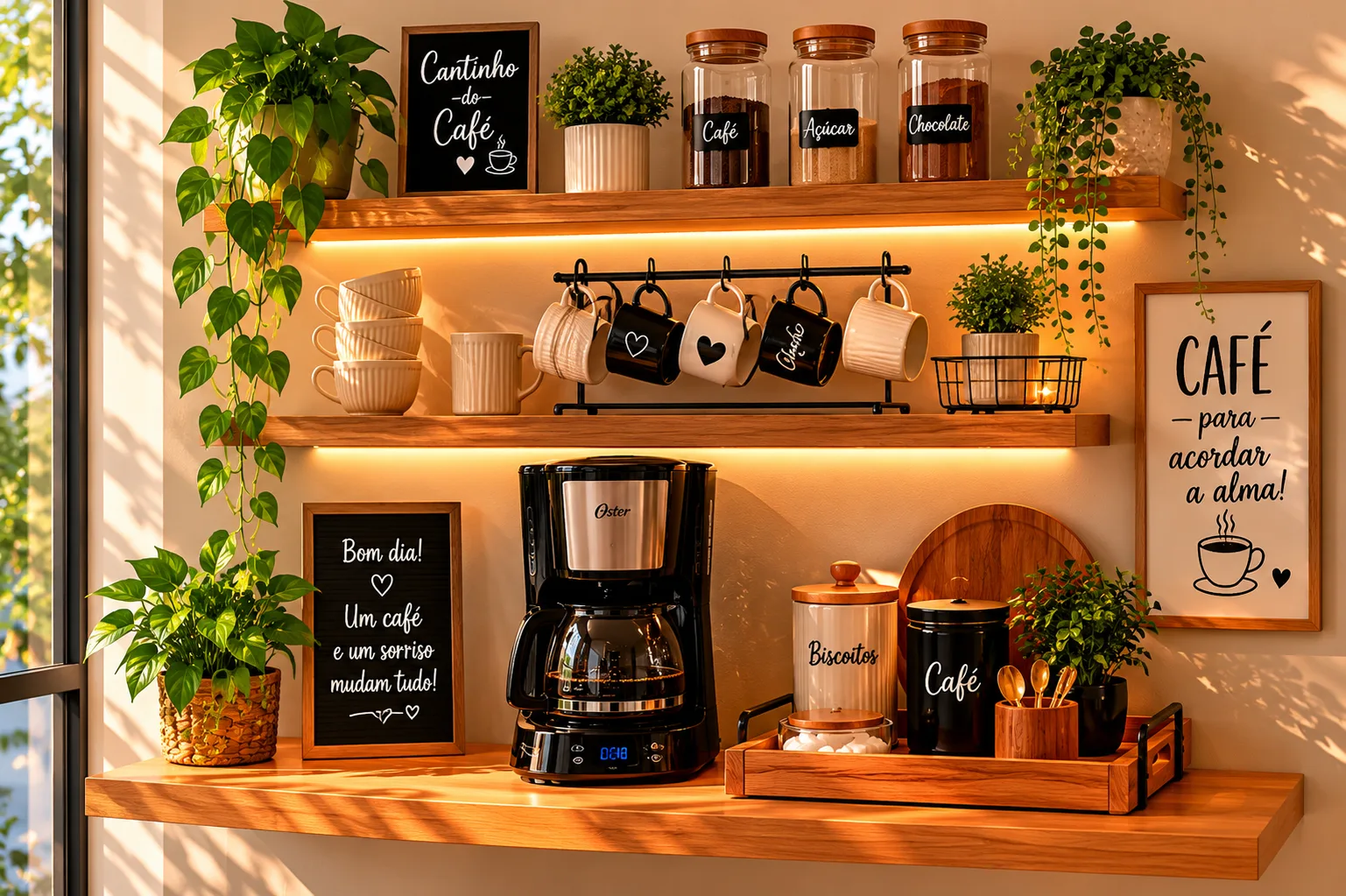 prateleiras flutuantes de madeira com cafeteira e potes organizados para cantinho do café