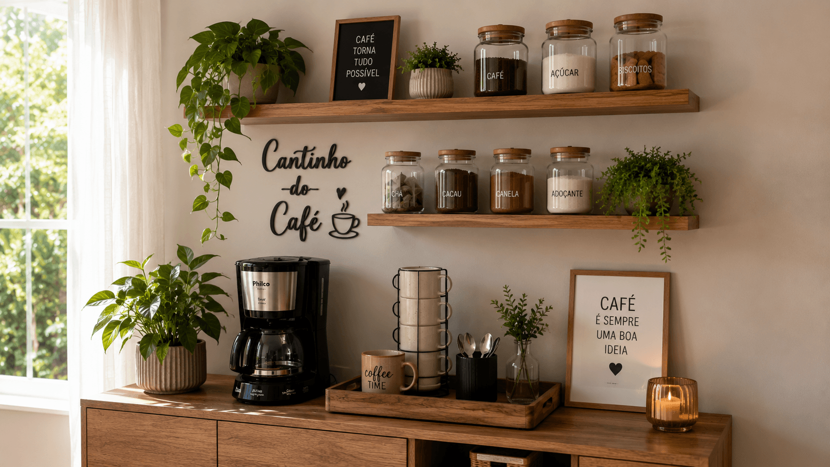 cantinho do café rústico com potes de cerâmica, coador e xícaras empilhadas