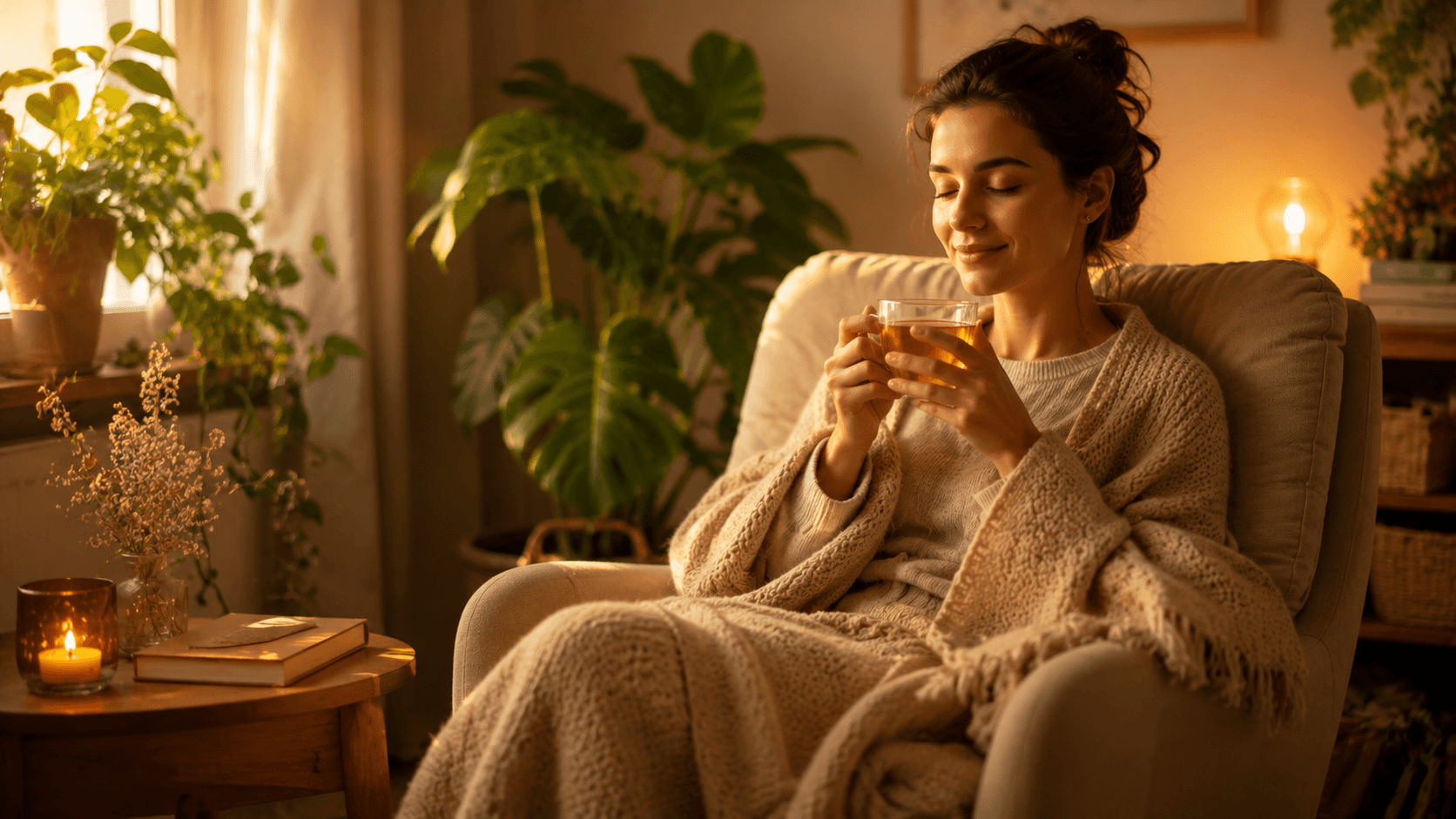 Mulher relaxando em casa com ambiente aconchegante e plantas ao fundo