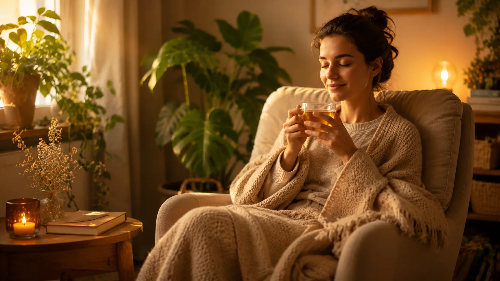Mulher relaxando em casa com ambiente aconchegante e plantas ao fundo