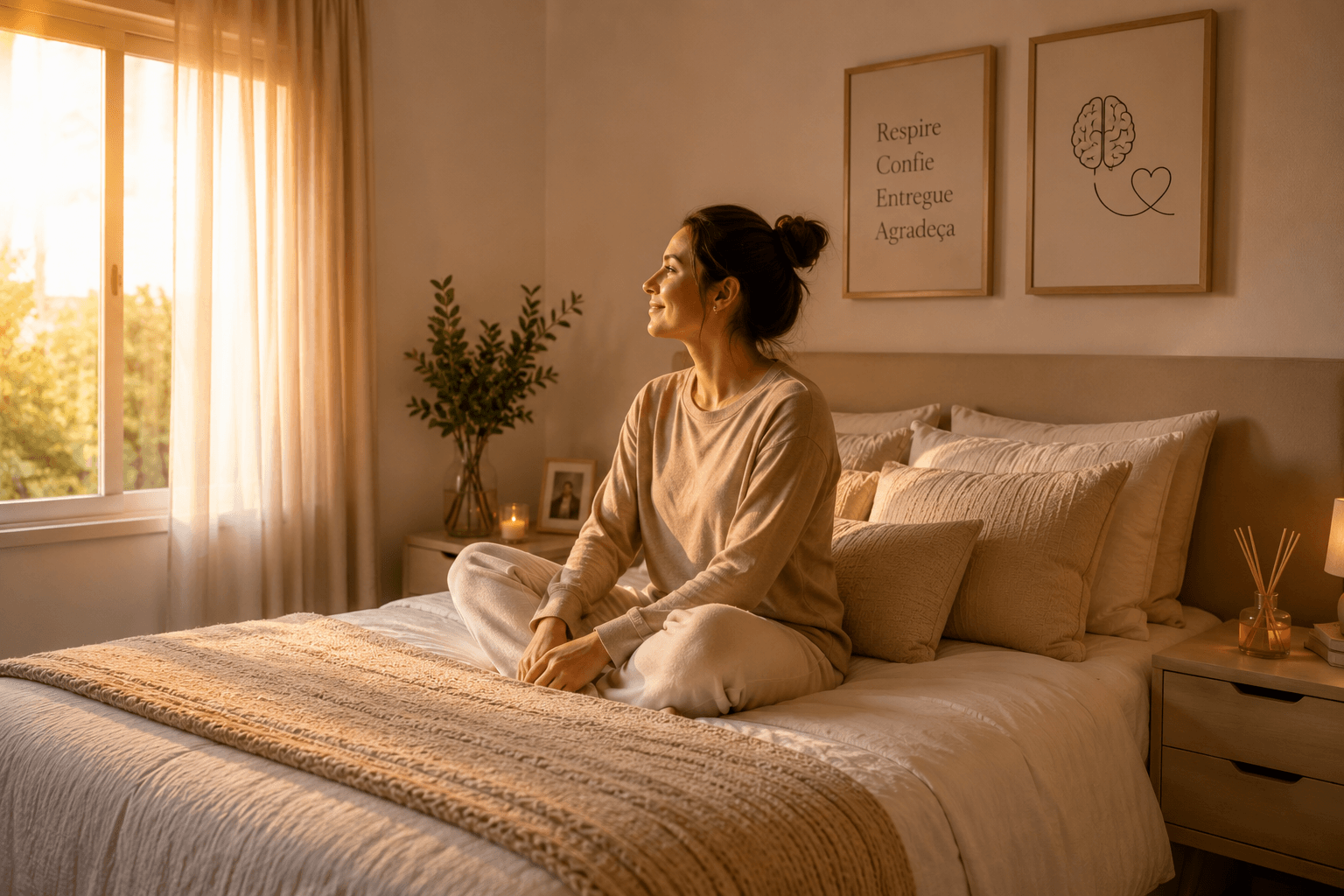 Mulher sentada na cama com expressão tranquila em quarto organizado